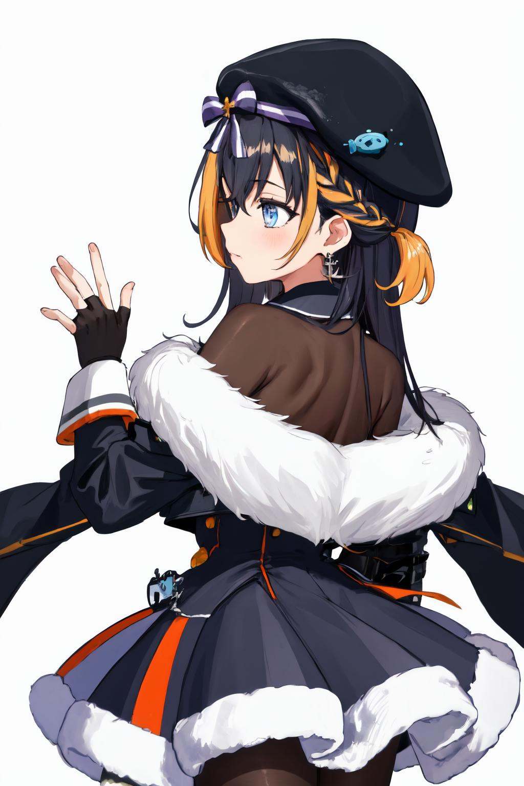 masterpiece, (detailed, highres, best quality), 1girl, <lora:sppetraGurin-10:1> gurin2st, single earring, beret, black headwear, fingerless gloves, collared dress, two-tone bowtie, buttons, black coat, fur trim, bodystocking, black pantyhose, Back View, blurry, depth of field, foreshortening, simple background, watermark, white background