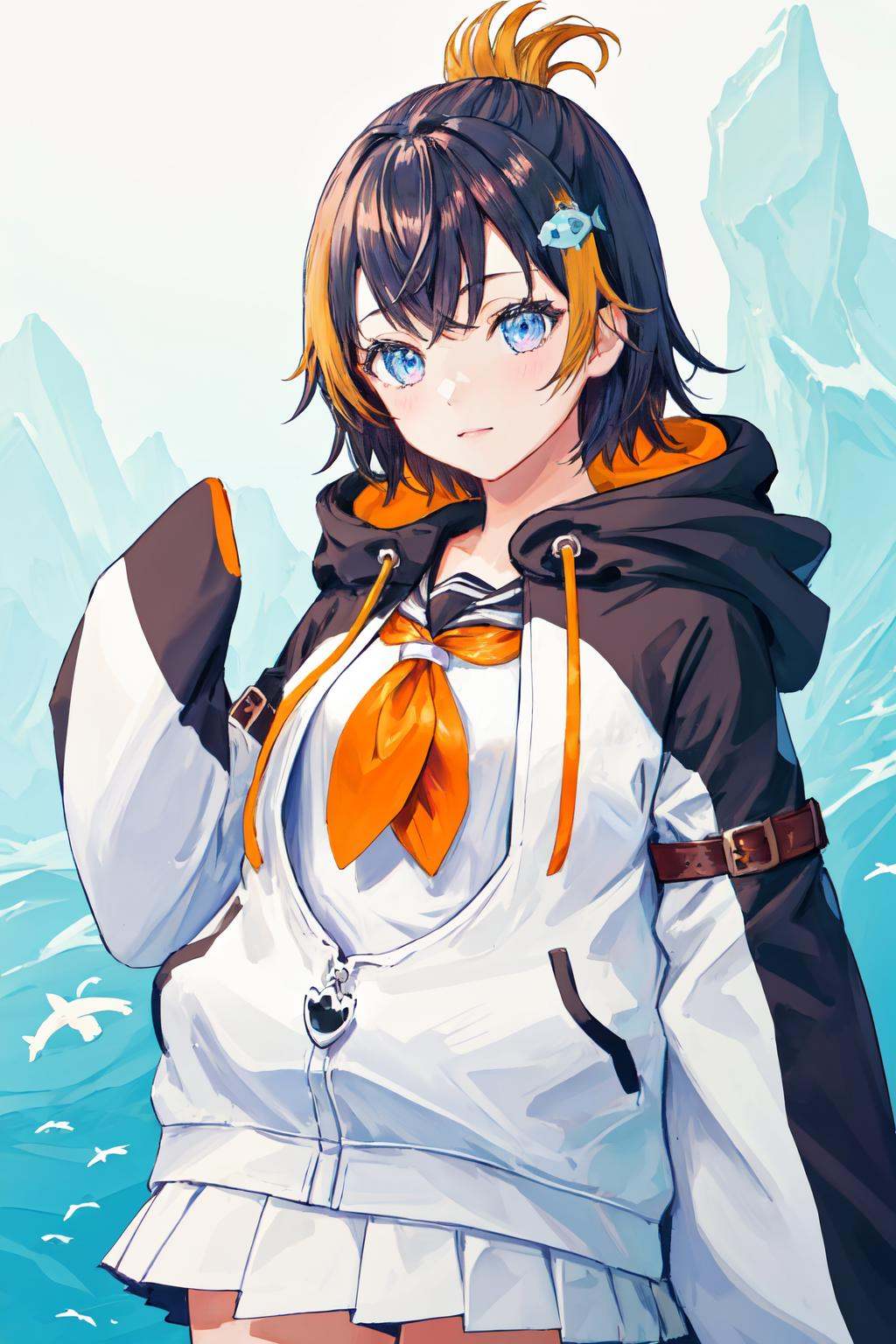 masterpiece, (detailed, highres, best quality), 1girl, <lora:sppetraGurin-10:1> gurin1st, fish hair ornament, hoodie, white hoodie, penguin hood, sleeves past fingers, sailor collar, white skirt
