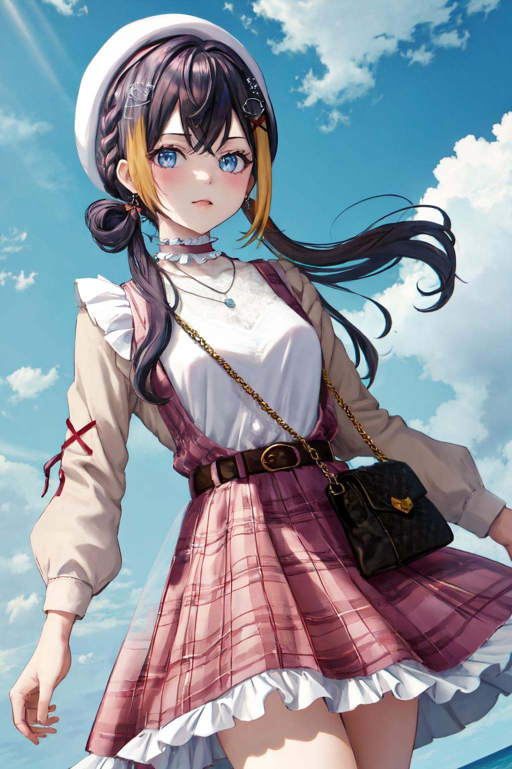 masterpiece, (detailed, highres, best quality), 1girl, <lora:sppetraGurin-10:1> gurin3st, x hair ornament, fish hair ornament, choker, necklace, white beret, plaid dress, white shirt, frills, plaid skirt, sweater, pink bow, belt, handbag, From bellow, cloud, day, dutch angle, floating hair, outdoors, see-through silhouette, twitter username