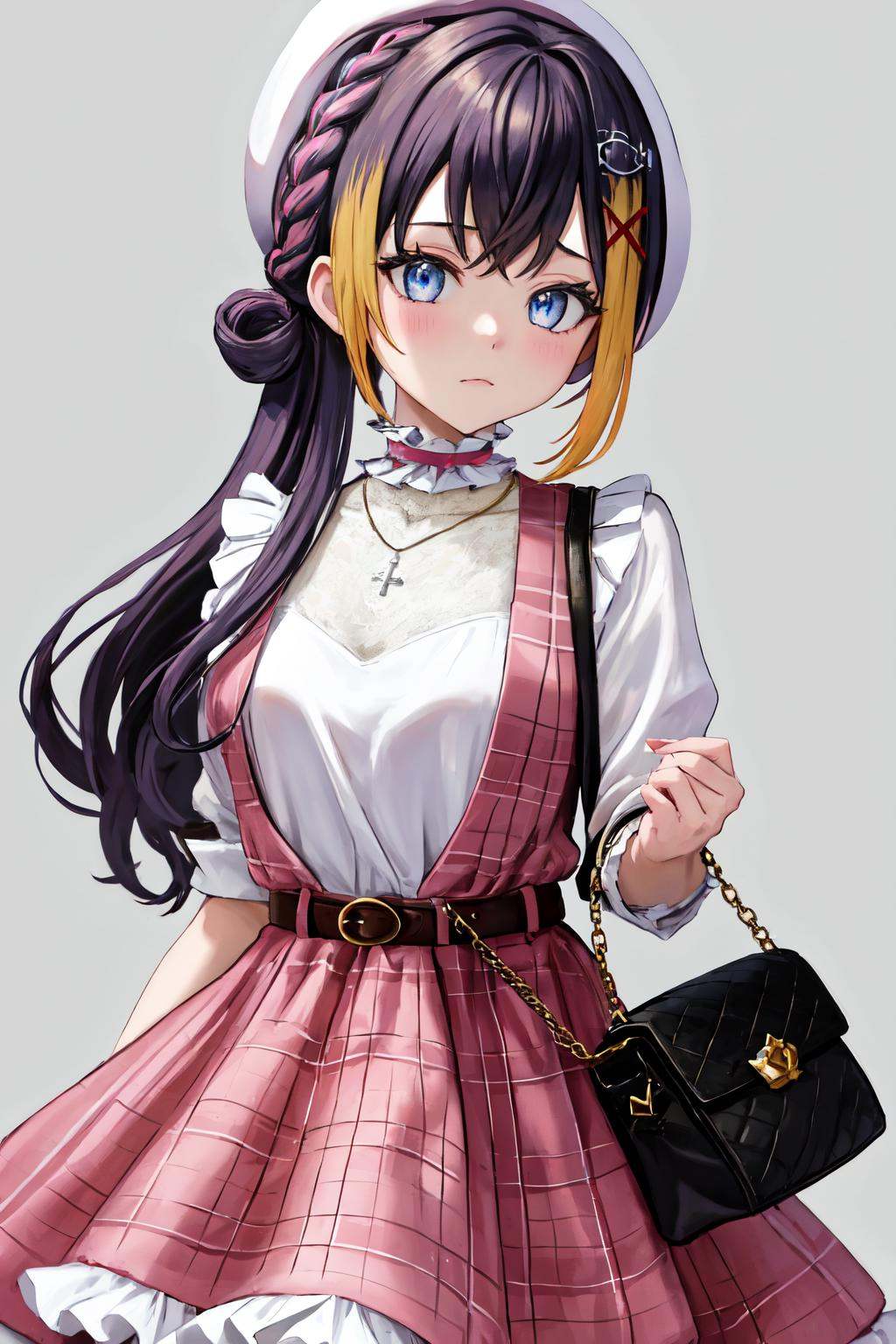 masterpiece, (detailed, highres, best quality), 1girl, <lora:sppetraGurin-10:1> gurin3st, x hair ornament, fish hair ornament, choker, necklace, white beret, plaid dress, white shirt, frills, plaid skirt, sweater, pink bow, belt, handbag, From bellow, blurry, close-up, cross, depth of field, gem, ornament focus, portrait, simple background, white background, white theme