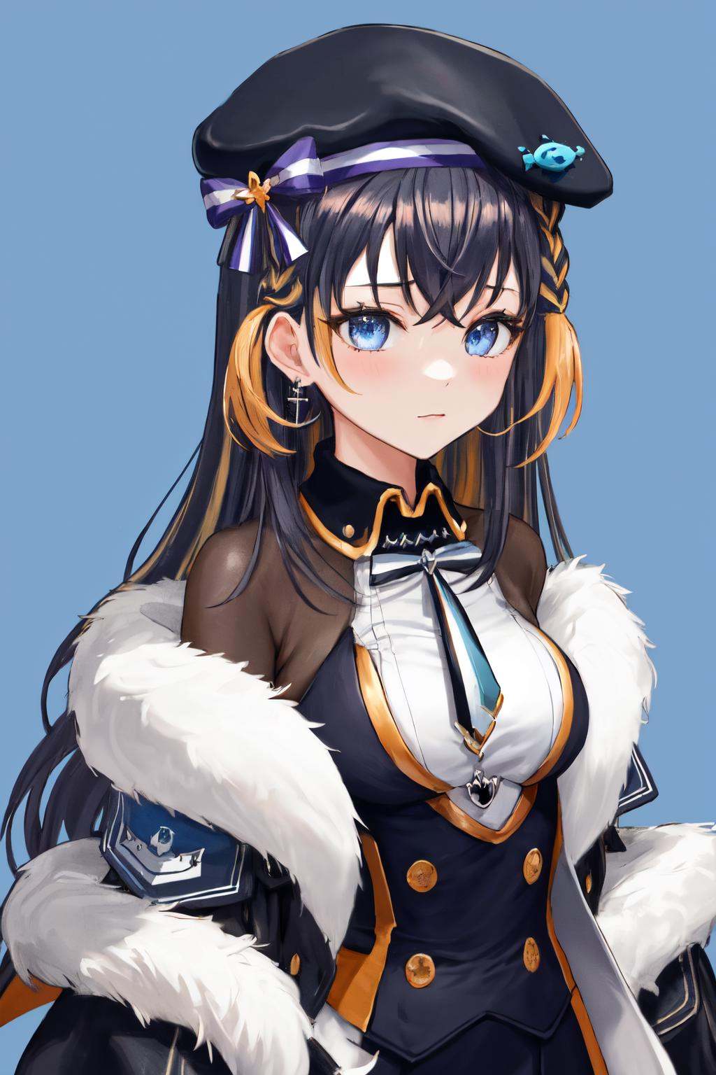 masterpiece, (detailed, highres, best quality), 1girl, <lora:sppetraGurin-10:1> gurin2st, single earring, beret, black headwear, fingerless gloves, collared dress, two-tone bowtie, buttons, black coat, fur trim, bodystocking, black pantyhose, Front view, blue background, flower, red flower, upper body