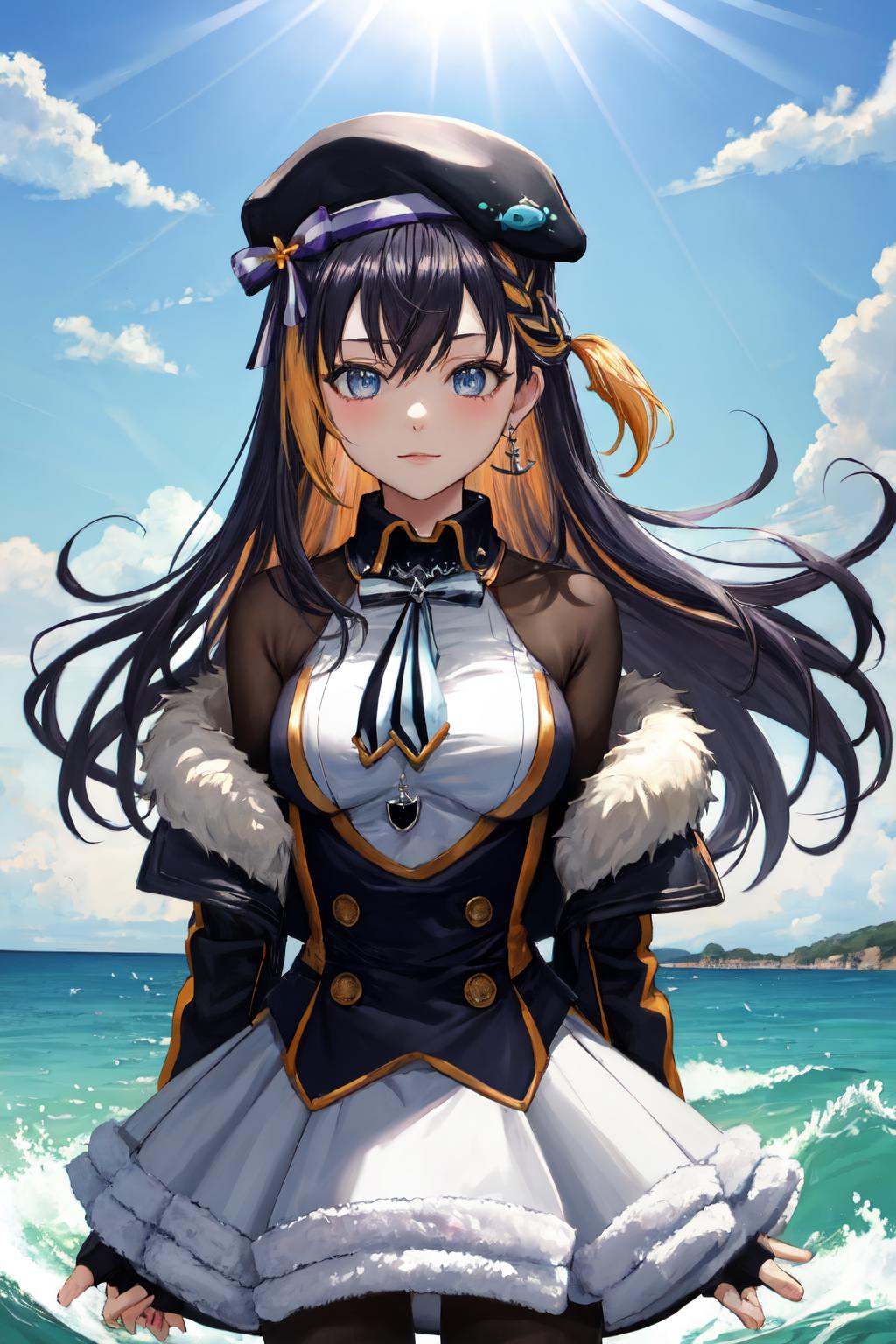 masterpiece, (detailed, highres, best quality), 1girl, <lora:sppetraGurin-10:1> gurin2st, single earring, beret, black headwear, fingerless gloves, collared dress, two-tone bowtie, buttons, black coat, fur trim, bodystocking, black pantyhose,  From bellow, day, floating hair, ocean, outdoors, sunlight, upper body, water, waves, wind