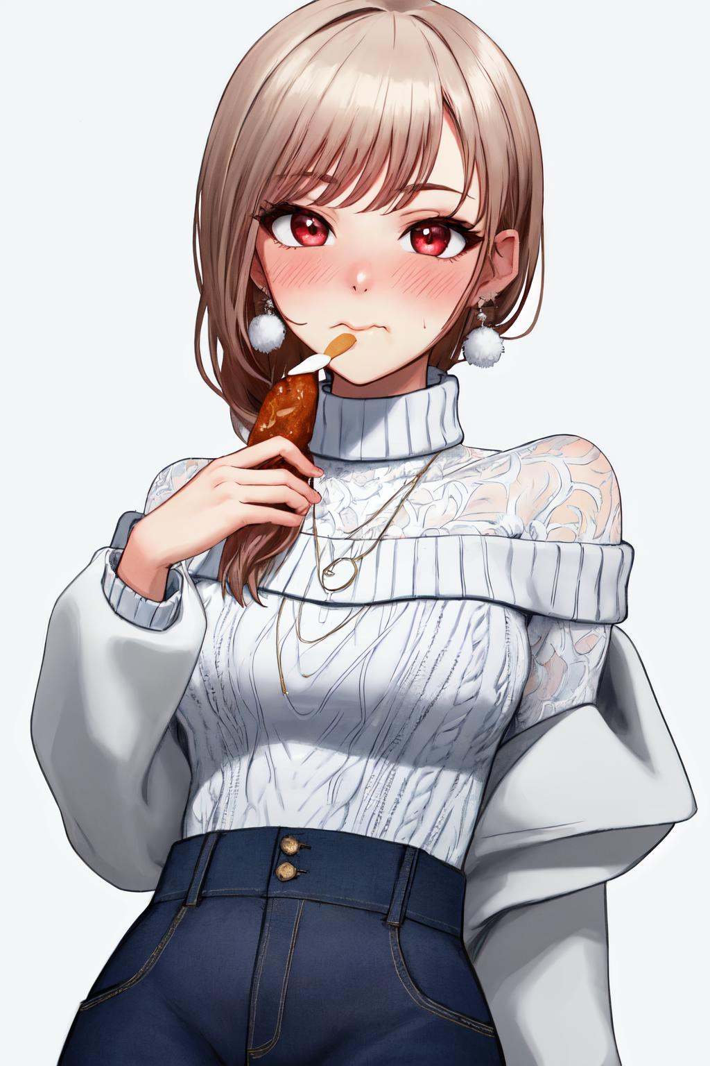 masterpiece, (detailed, highres, best quality), 1girl, <lora:spfureneLustario:1> lustario3st, earrings, necklace, turtleneck sweater, ribbed sweater, high-waist pants, grey background, simple background, upper body, white background, :t, blush, closed mouth, eating, food on face, looking at viewer, solo