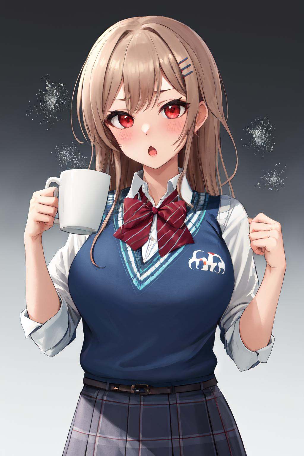 masterpiece, (detailed, highres, best quality), 1girl, <lora:spfureneLustario:1> lustario4st, hairclip, school uniform, collared shirt, red bowtie, sweater vest, pleated skirt, chain, cross, cube, gradient background, grey background, light particles, upper body, :o, blush, hands up, holding, holding cup, looking at viewer, open mouth, solo, standing
