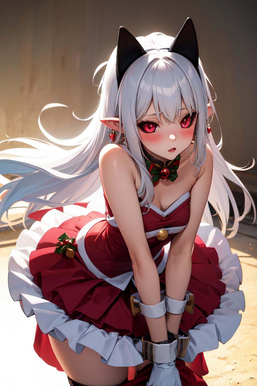 masterpiece, (detailed, highres, best quality), 1girl, <lora:spdisgaeaPram-08:1> pramdef, black sclera, horns, (santa hat:1), santa costume, santa dress, santa gloves, santa boots, cat, upper body