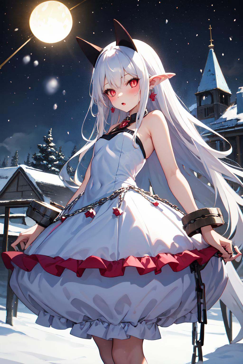 masterpiece, (detailed, highres, best quality), 1girl, <lora:spdisgaeaPram-08:1> pramdef, black sclera, horns, earrings, cuffs, chains, bubble skirt, skirt, dress, black background, blue background, full body, lantern, snowflakes, snowing, yellow background