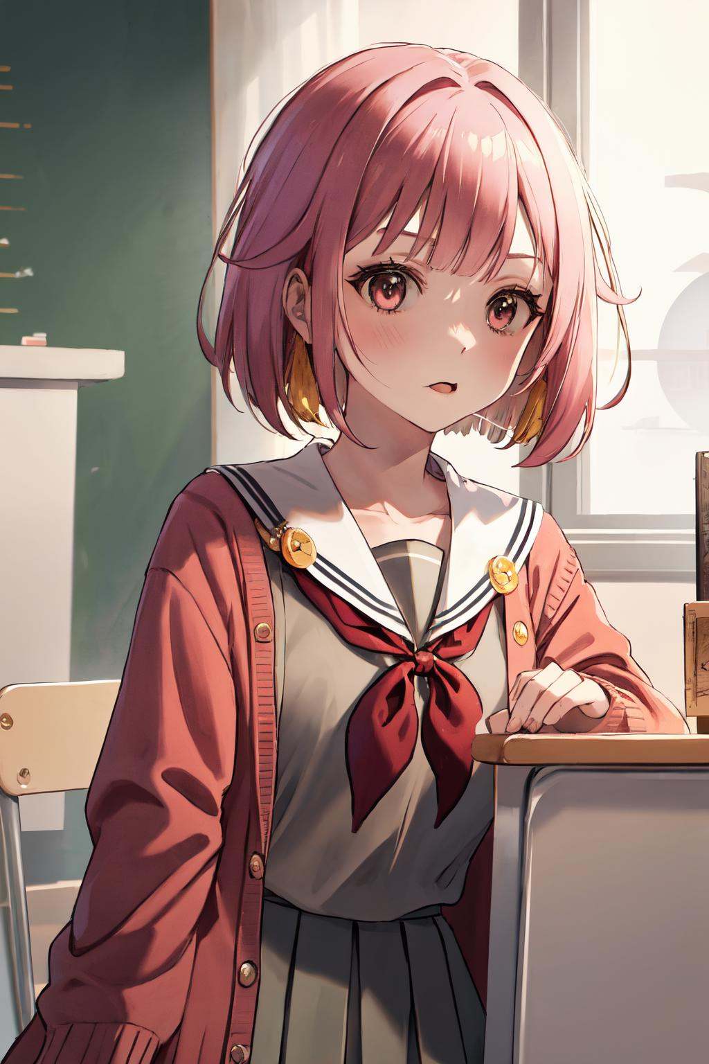 masterpiece, (detailed, highres, best quality), 1girl, <lora:spotoriEmu-08:1> emusai, white sailor collar, pink cardigan, red neckerchief, grey shirt, grey skirt, pleated skirt, upper body, day, sunshaft, school, desk