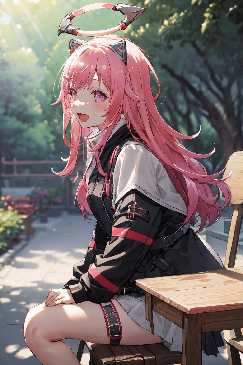 masterpiece, (detailed, highres, best quality), 1girl, <lora:spotoriEmu-08:1> emuag, fake animal ears, fake mechanical ears, mechanical halo, black jacket, thigh strap, :d, blurry, blurry background, chair, dappled sunlight, day, depth of field, from side, outdoors, phone, sunlight, table