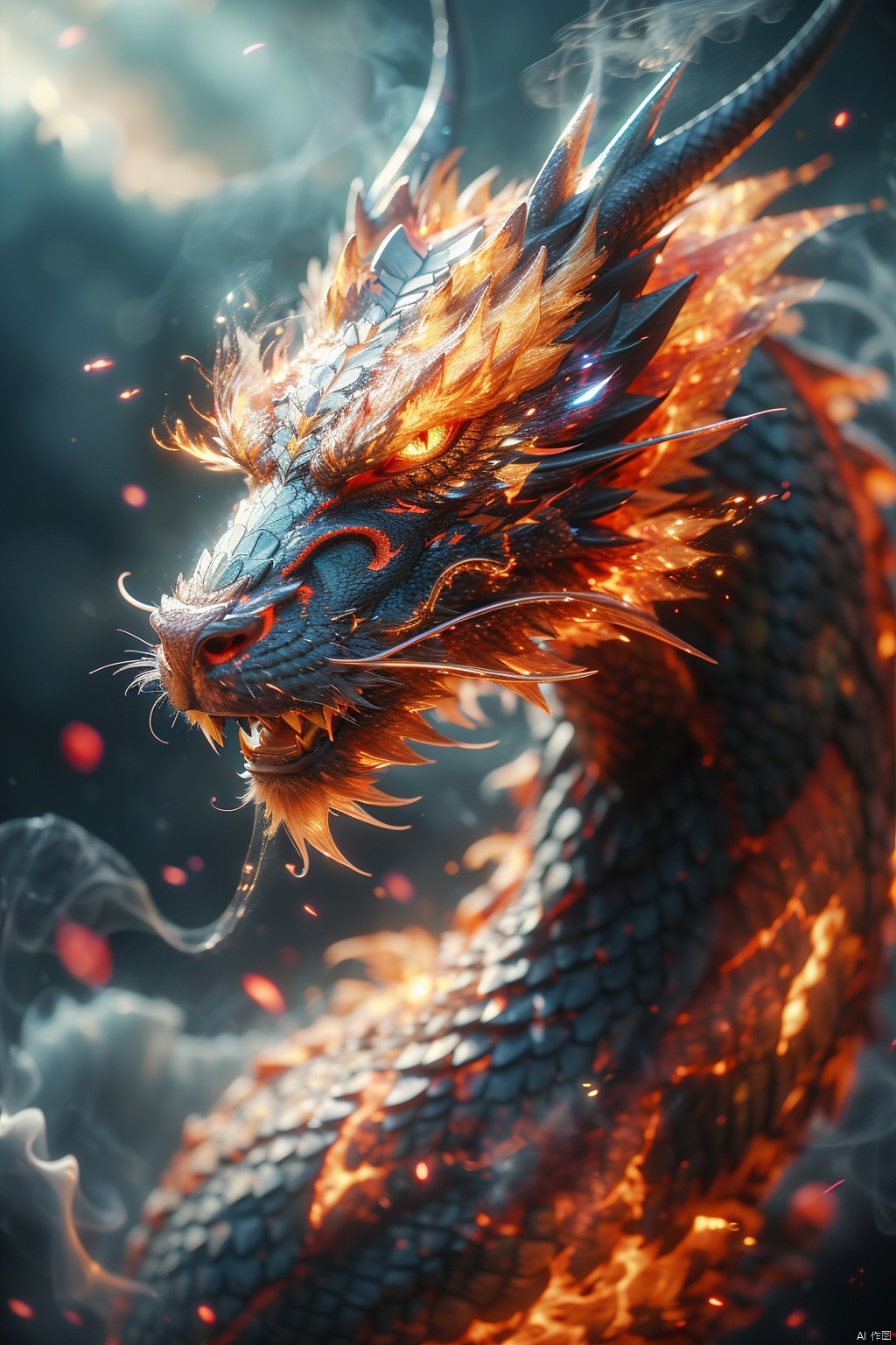 Oriental Dragon,flame, burning,sparks,light particles,yinghuo,Colorful flames