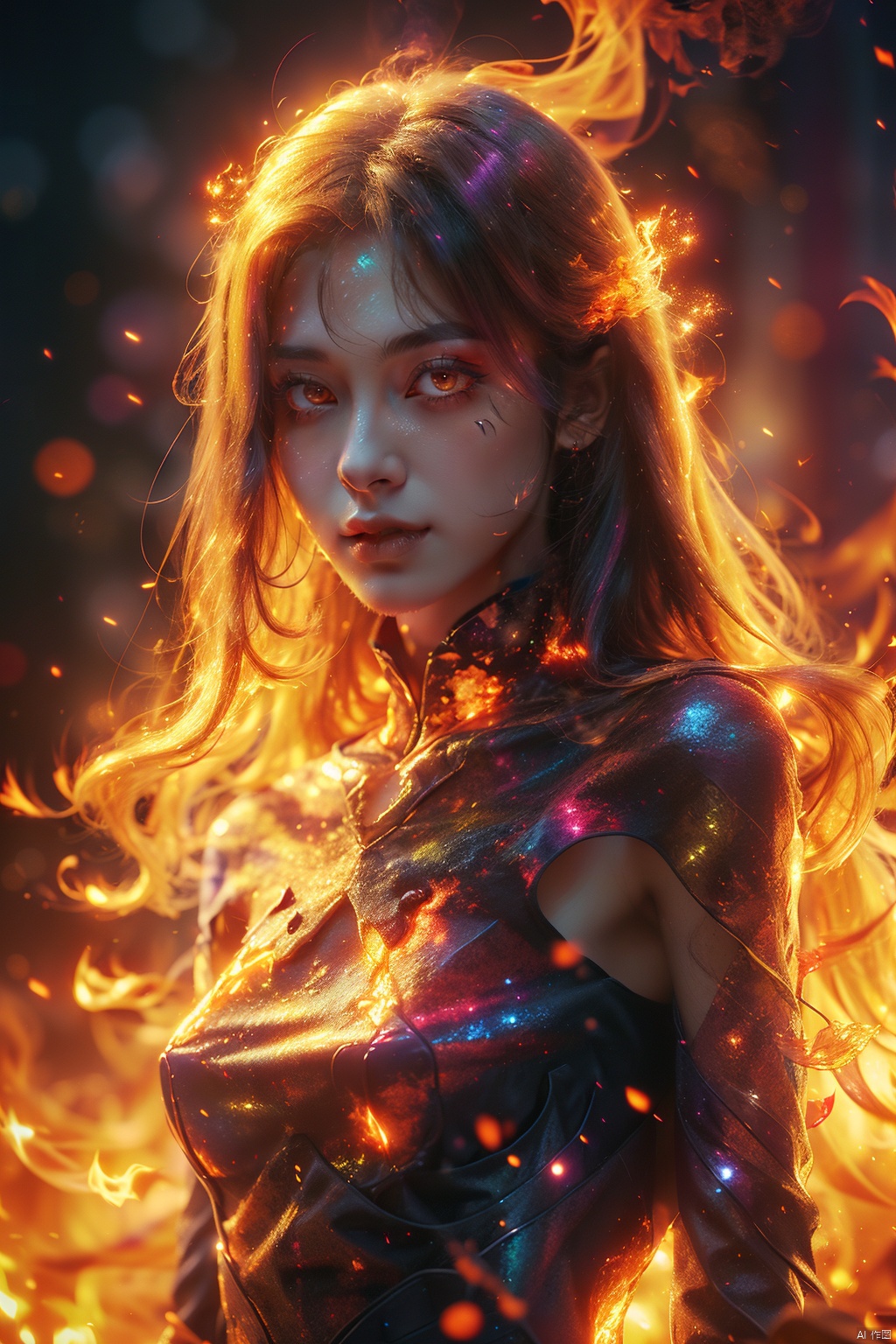 a girl,flame, burning,sparks,light particles,yinghuo,Glowing eyes,Colorful flames,