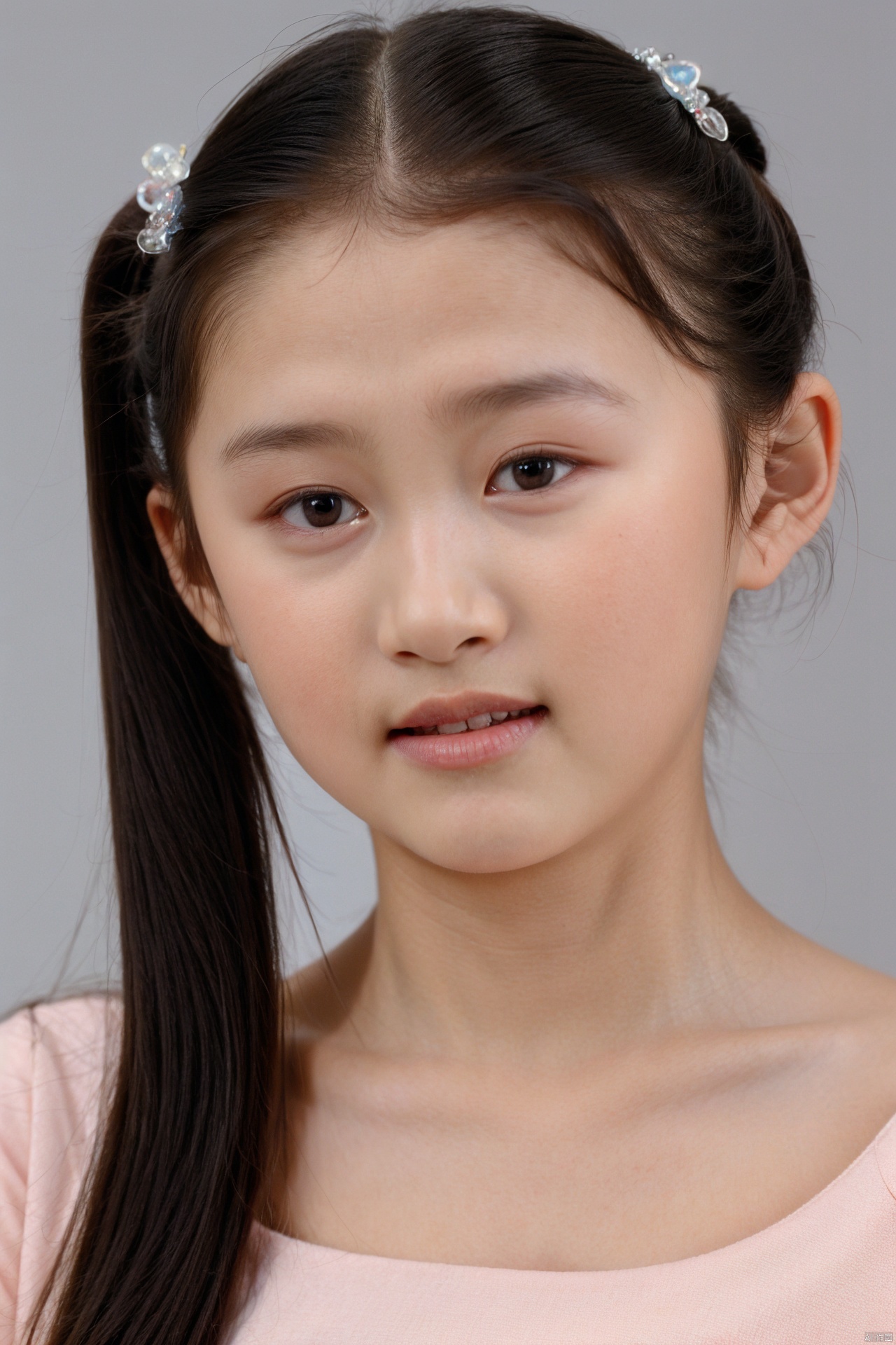  (masterpiece, 4k, best quality, highly detailed, 1girl, solo),1girl,  solo, earring, black hair, dress, necklace, looking at viewer, Camisole pajamas, long hair,upper body, parted lips, rose, bangs, collarbone, grey background,  black eyes, pearl necklace,small breasts, see-through, hair between eyes, brown eyes, blush, midjourney, Colorful portraits, jiejing, xiaofei, xueli, tongtong