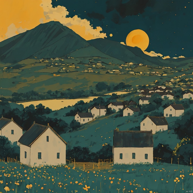  
sketch of the white buildings and yellow sun with buildings dotted with houses, in the style of scottish landscapes, historical documentation, bloomcore, poignant, authentic details, bold, black lines, illustration, mdong, mLD