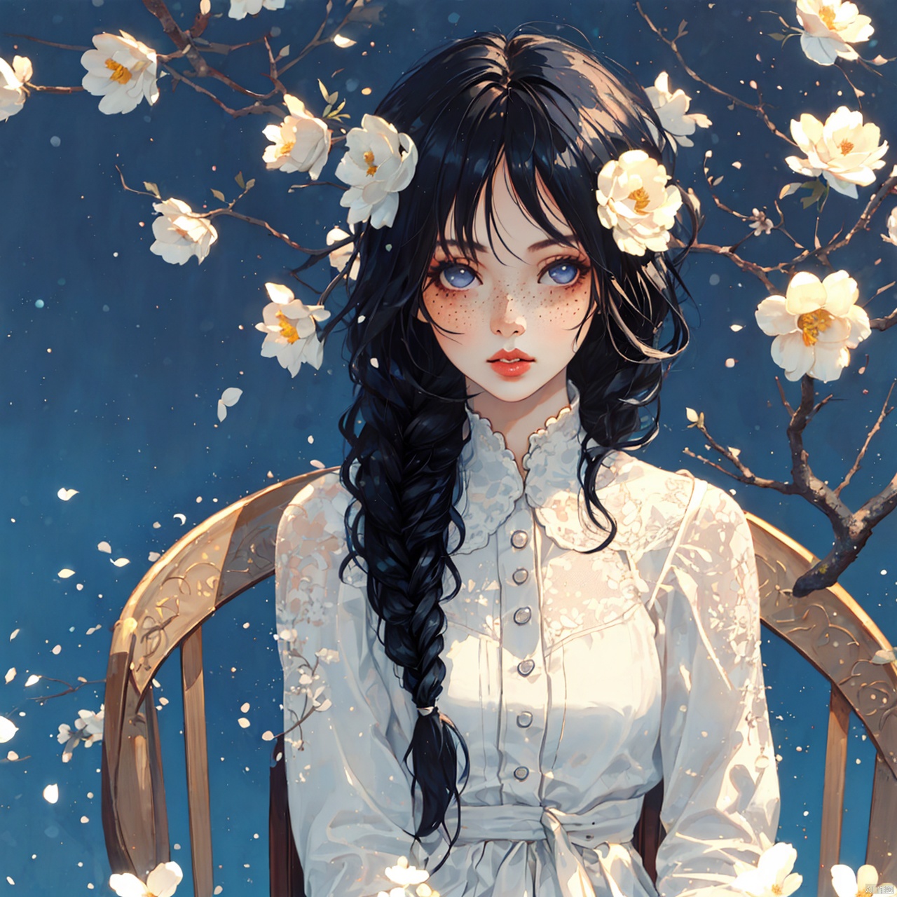 mLD, 1girl, solo, black hair, long hair, chair, flower, braid, tree, sitting, hair ornament, lips, realistic, hair over shoulder, single braid, freckles, hair flower, dress, outdoors, upper body, looking at viewer