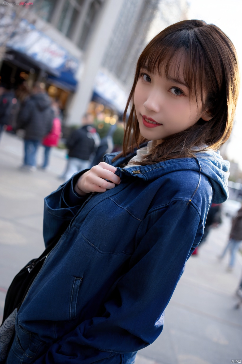 1girl, denim, denim jacket, brown hair, bag, blurry, realistic, jeans, jacket, blurry background, looking at viewer, outdoors, smile, brown eyes, hood, lips, depth of field, long hair, handbag, solo, bangs, solo focus, blue jacket, day, hood down, sky, parted lips, pants, teeth, from side, hoodie, denim shorts, looking to the side, long sleeves, dutch angle , 