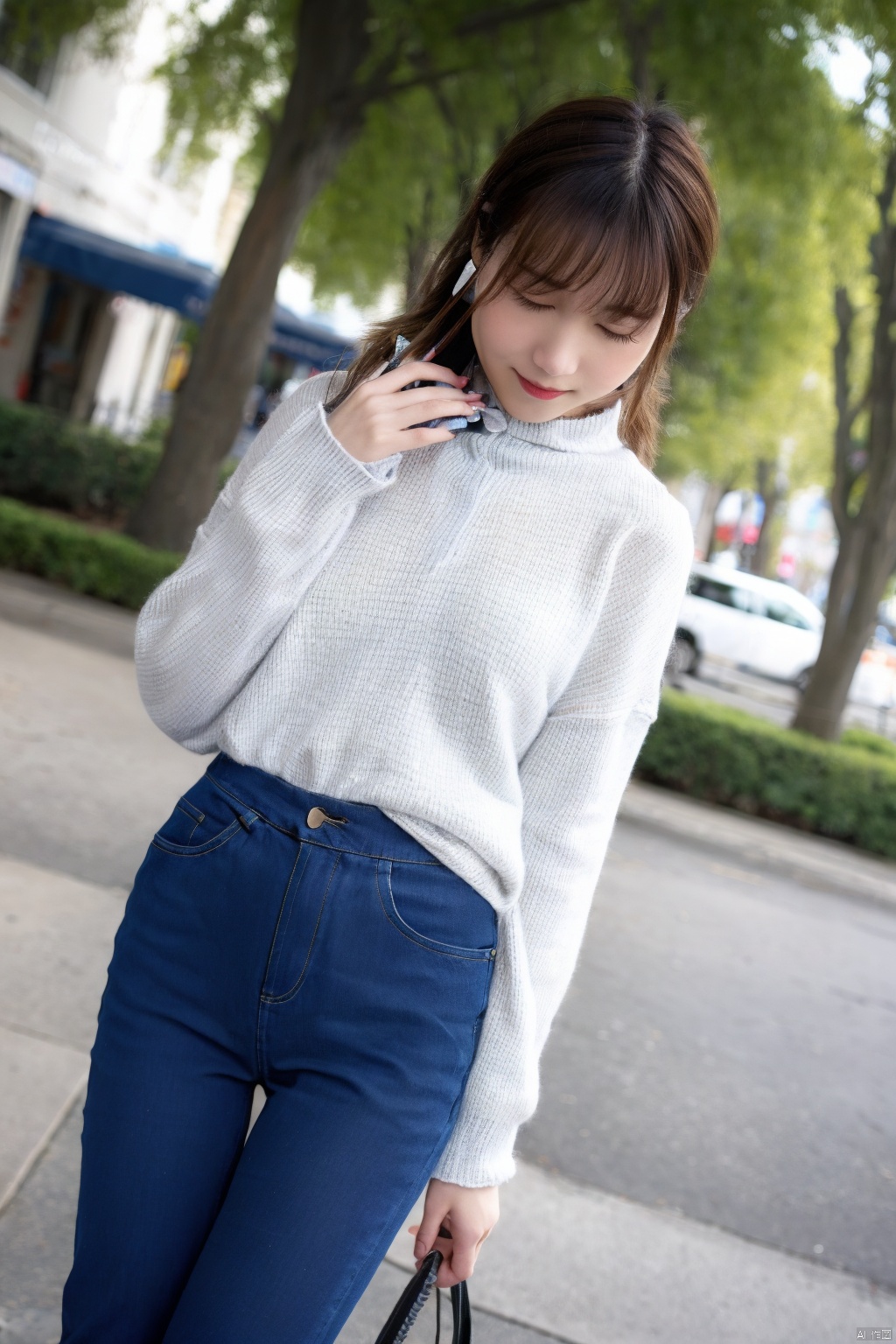  1girl, jeans, denim, solo, pants, brown hair, phone, shirt, sleeves past wrists, blurry, cellphone, blurry background, closed eyes, long sleeves, long hair, holding phone, white shirt, smartphone, lips, realistic, smile, outdoors, bag, striped shirt, holding, sweater, makeup, standing, looking at phone, medium hair, lipstick, looking down, bangs, blue pants, handbag, striped ,