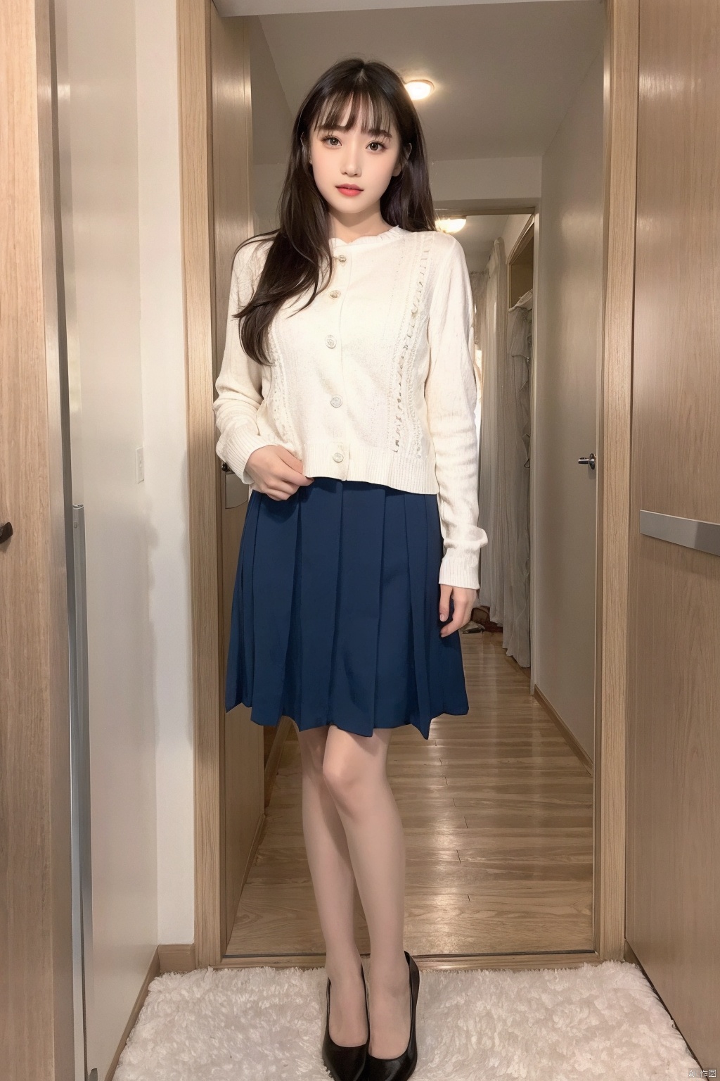 1girl, solo, long hair, high heels, realistic, skirt, black hair, looking at viewer, indoors, standing, photo background, white footwear, shoes, full body, bangs, lips, black eyes, long sleeves, door, shirt, brown eyes, brown hair, parted lips, legs, blue skirt , 