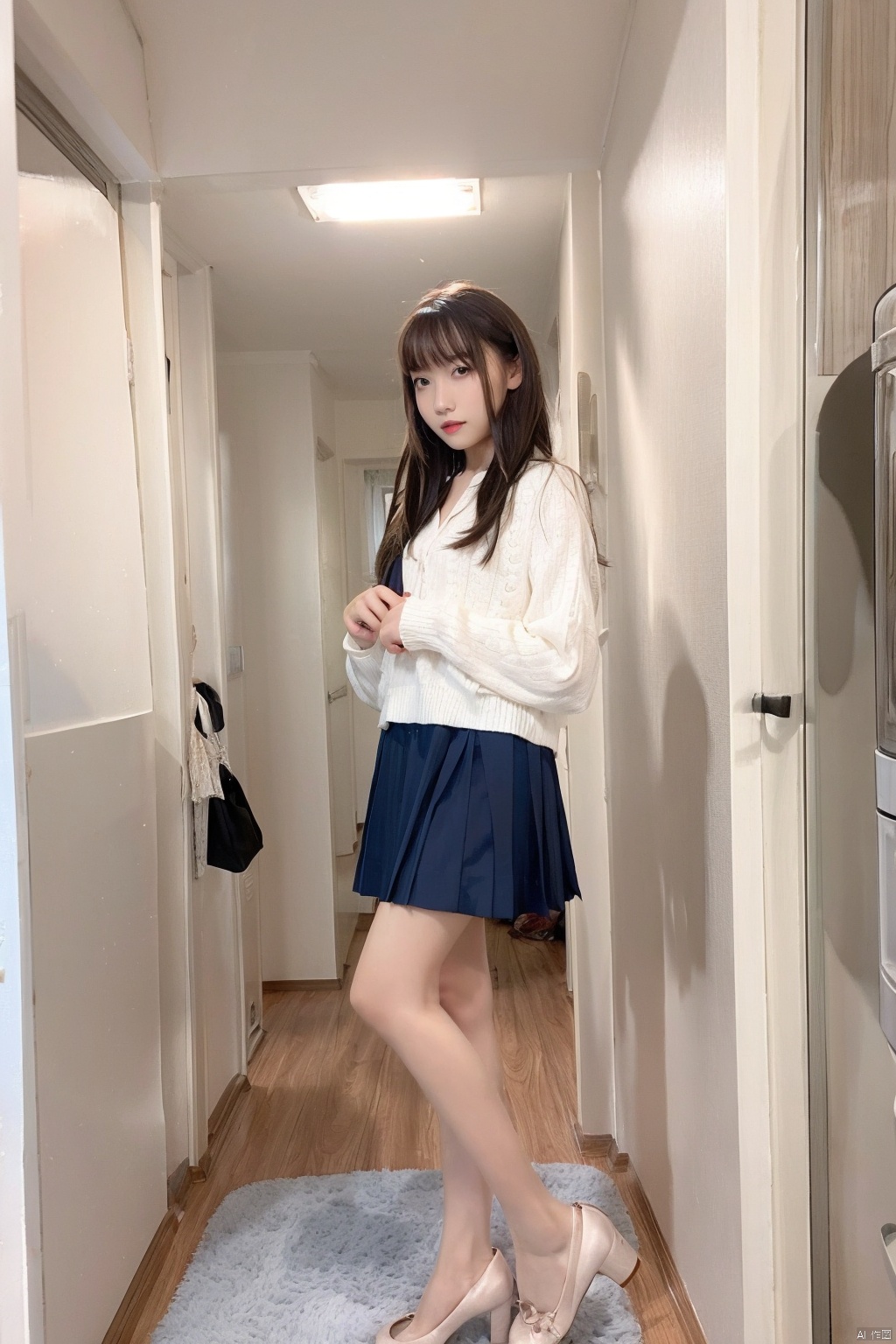 1girl, solo, long hair, high heels, realistic, skirt, black hair, looking at viewer, indoors, standing, photo background, white footwear, shoes, full body, bangs, lips, black eyes, long sleeves, door, shirt, brown eyes, brown hair, parted lips, legs, blue skirt , 