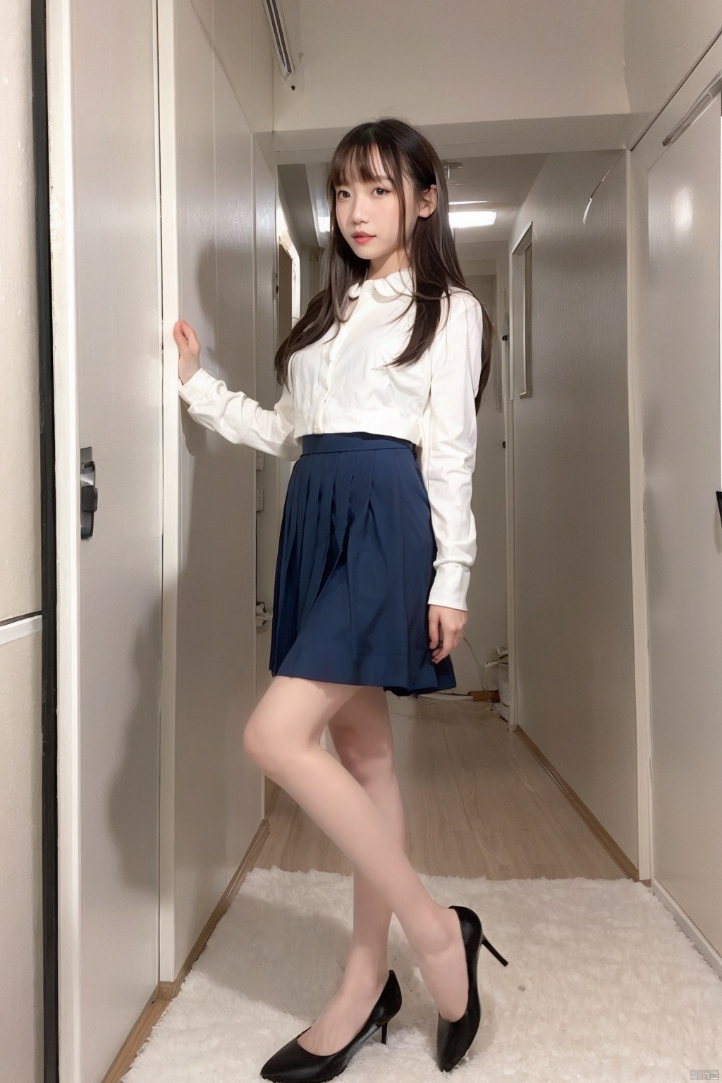 1girl, solo, long hair, high heels, realistic, skirt, black hair, looking at viewer, indoors, standing, photo background, white footwear, shoes, full body, bangs, lips, black eyes, long sleeves, door, shirt, brown eyes, brown hair, parted lips, legs, blue skirt , 