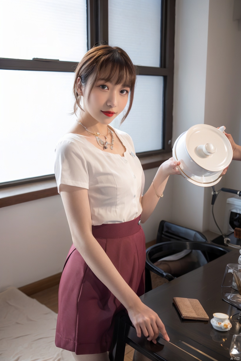 1girl, solo, cup, brown hair, realistic, skirt, looking at viewer, indoors, brown eyes, short hair, teacup, jewelry, table, instrument, holding, smile, necklace, holding cup, teapot, red lips, short sleeves, lips, standing, makeup, lipstick, bangs, drum , 