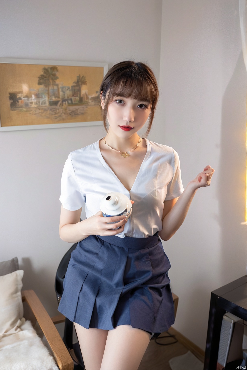 1girl, solo, cup, brown hair, realistic, skirt, looking at viewer, indoors, brown eyes, short hair, teacup, jewelry, table, instrument, holding, smile, necklace, holding cup, teapot, red lips, short sleeves, lips, standing, makeup, lipstick, bangs, drum , 