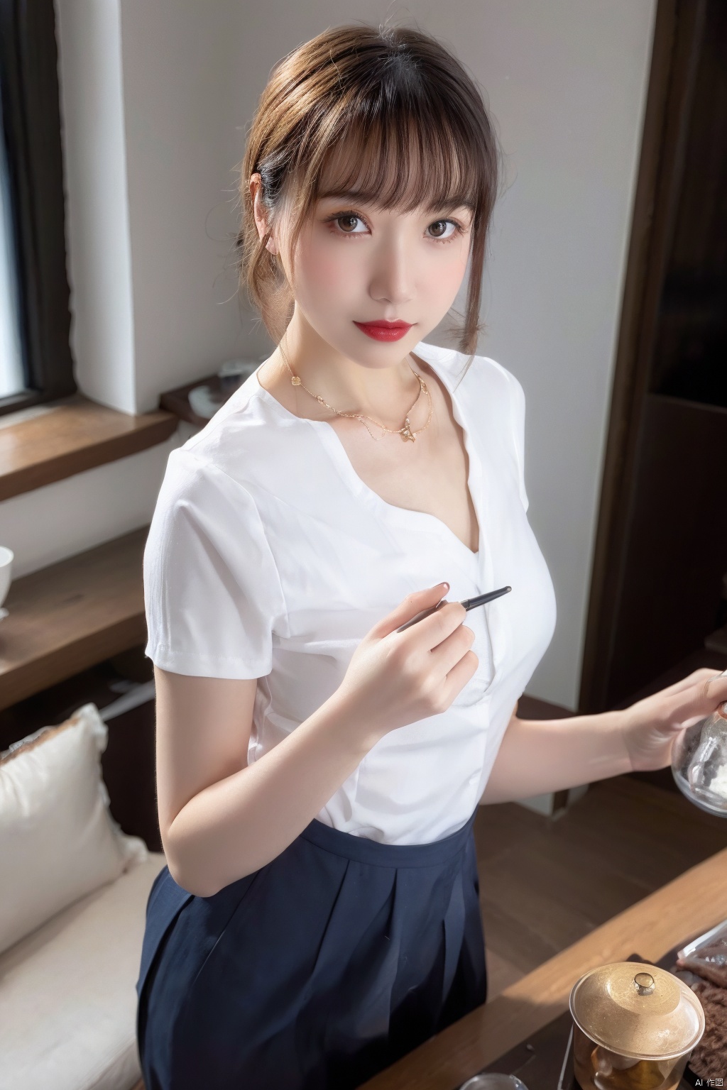 1girl, solo, cup, brown hair, realistic, skirt, looking at viewer, indoors, brown eyes, short hair, teacup, jewelry, table, instrument, holding, smile, necklace, holding cup, teapot, red lips, short sleeves, lips, standing, makeup, lipstick, bangs, drum , 
