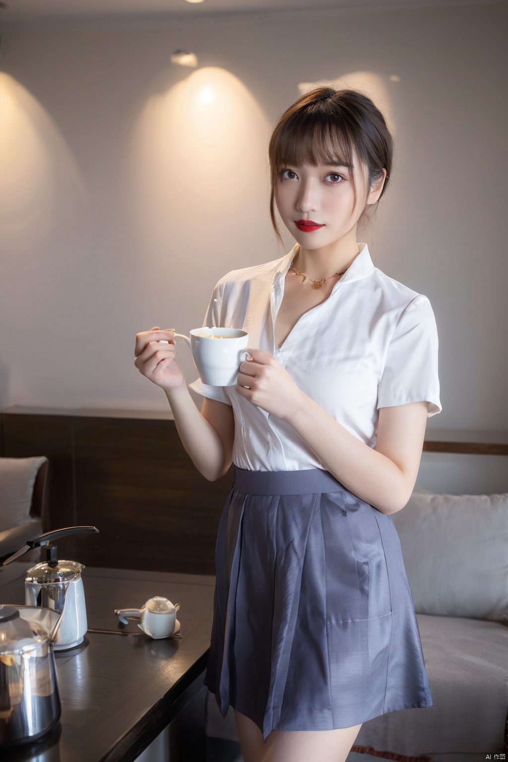 1girl, solo, cup, brown hair, realistic, skirt, looking at viewer, indoors, brown eyes, short hair, teacup, jewelry, table, instrument, holding, smile, necklace, holding cup, teapot, red lips, short sleeves, lips, standing, makeup, lipstick, bangs, drum , 