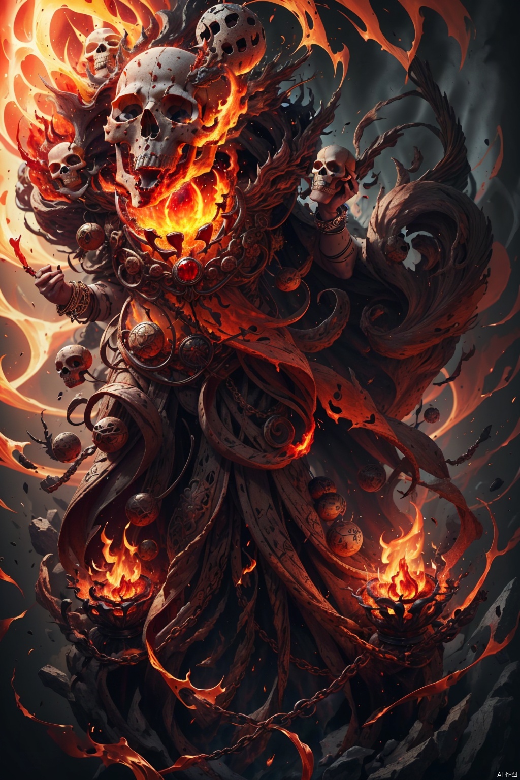  Masterpiece, high detail, 8K, high-definition,(Skull Mage), a skull carved with runes, white and red edged bones, with fiery flames burning in his eyes. The flames seeped out of the Skull Mage's mouth, and he wore a gorgeous robe with magical runes painted on it. The flame in the lower half of the robe was shaped like a dancing tongue, with a staff inlaid with red gemstones and adorned with a golden gemstone bracelet pendant. The background was composed of large pieces of burning flames, presenting a sense of deep red, orange, and bright yellow layering, The shape of flames is twisted and messy, with strong contrast, cinematic lighting effects, depth of field, sophistication, and science fiction

