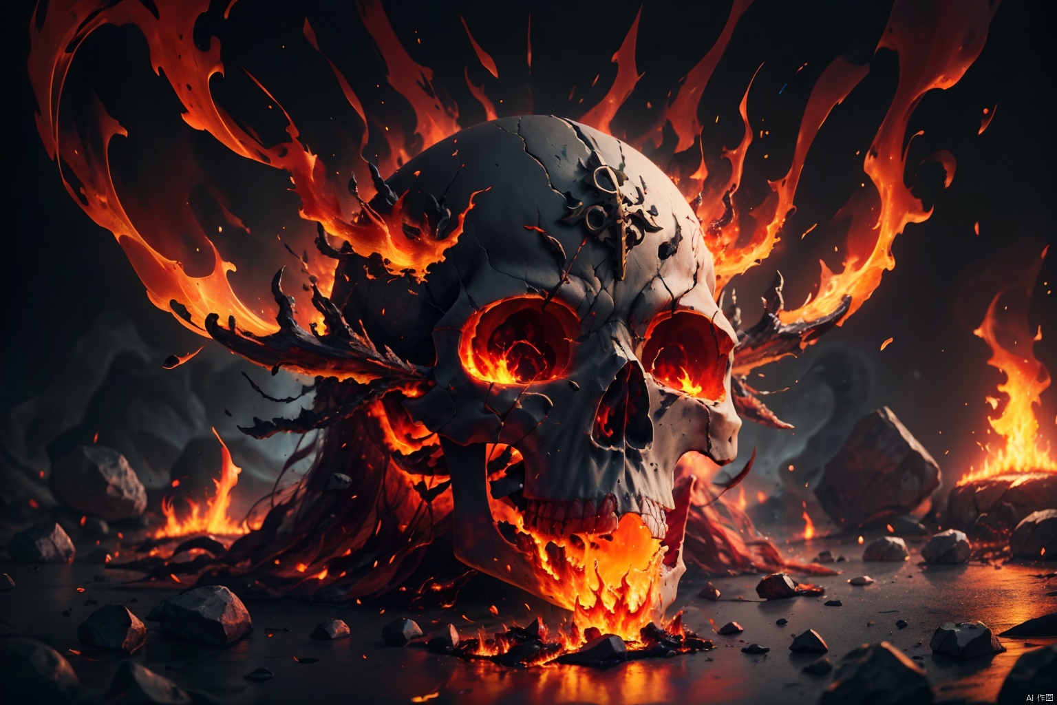  Masterpiece, high detail, 8K, high-definition,(Skull Mage), a skull carved with runes, white and red edged bones, with fiery flames burning in his eyes. The flames seeped out of the Skull Mage's mouth, and he wore a gorgeous robe with magical runes painted on it. The flame in the lower half of the robe was shaped like a dancing tongue, with a staff inlaid with red gemstones and adorned with a golden gemstone bracelet pendant. The background was composed of large pieces of burning flames, presenting a sense of deep red, orange, and bright yellow layering, The shape of flames is twisted and messy, with strong contrast, cinematic lighting effects, depth of field, sophistication, and science fiction

