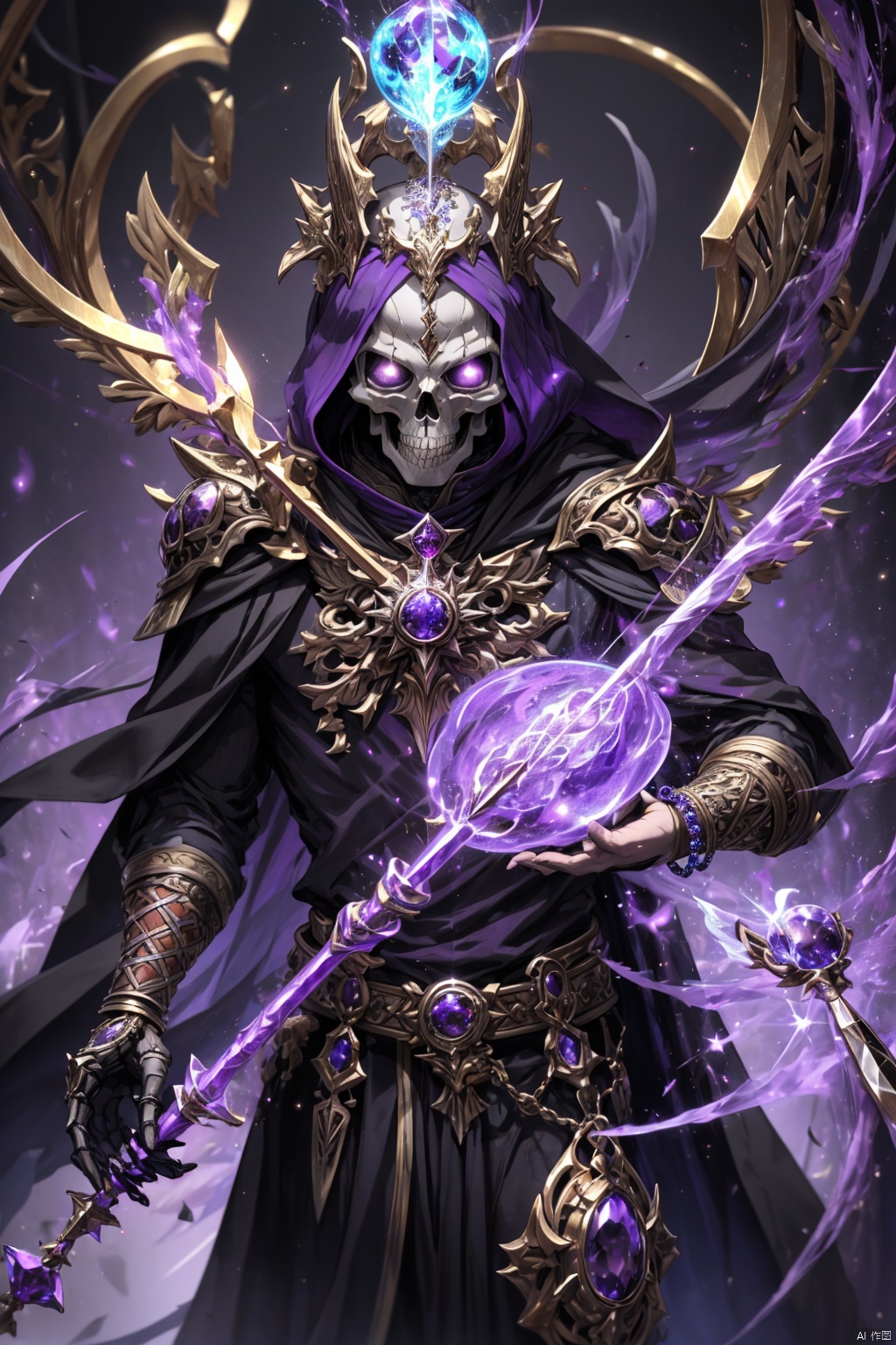  Masterpiece, high detail, 8K, high-definition, Skeleton mage, with a rugged skull outline, a towering forehead, a high nose bridge, and purple magic sparkling pupils. Two purple flames hover behind him, a black robe covered in golden purple magic runes, a magic wand inlaid with purple gemstones, adorned with metal decorations such as bracelets and pendants, cinematic lighting effects, depth of field, and blue purple tones

