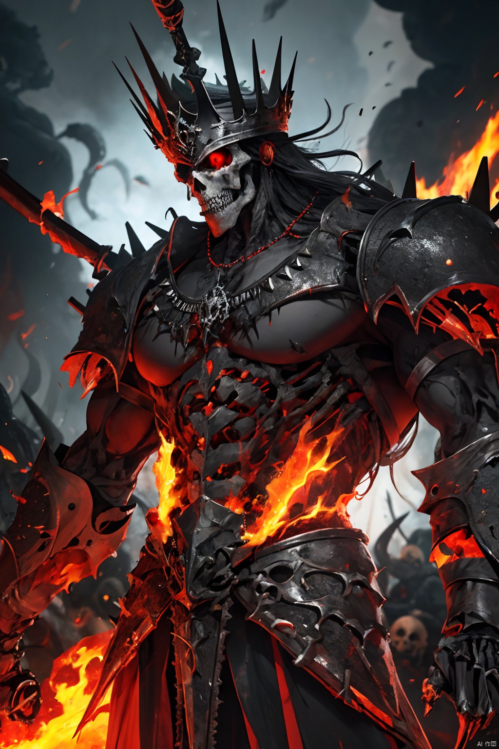  Masterpiece, high detail, 8K, high-definition, Skeleton King, muscular lines, prominent skeletal structure, black armor composed of bones and metal, raised spikes and notches, huge battle axe decorated with bones and metal, burning red eyes, adorned with pendants and necklaces, crown set with precious gemstones, surrounded by special effects of burning flames and dark energy, cinematic lighting, depth of field, overall in red and black tones, with eye-catching yellow accents

