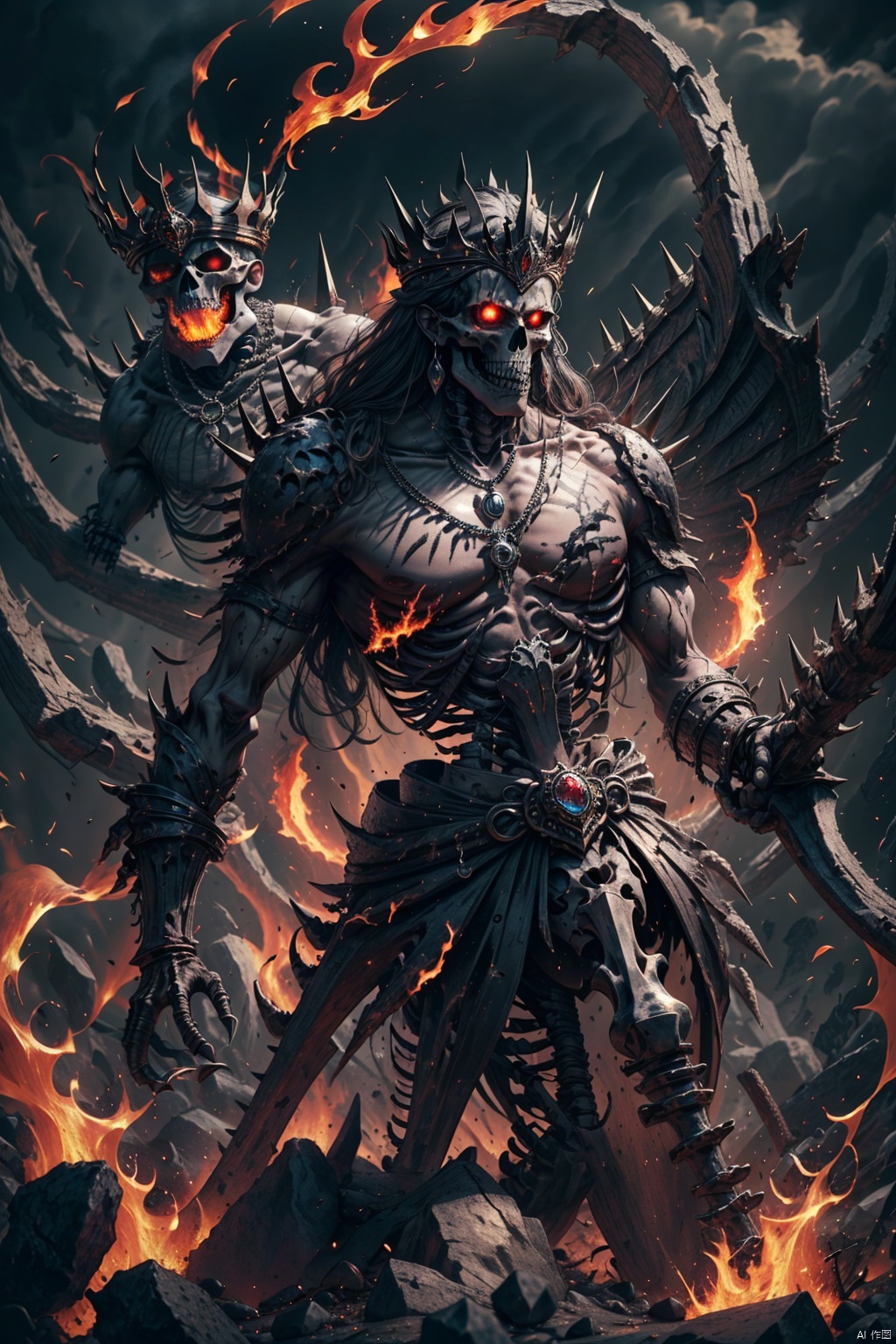  Masterpiece, high detail, 8K, high-definition, Skeleton King, muscular lines, prominent skeletal structure, black armor composed of bones and metal, raised spikes and notches, huge battle axe decorated with bones and metal, burning red eyes, adorned with pendants and necklaces, crown set with precious gemstones, surrounded by special effects of burning flames and dark energy, cinematic lighting, depth of field, overall in red and black tones, with eye-catching yellow accents

