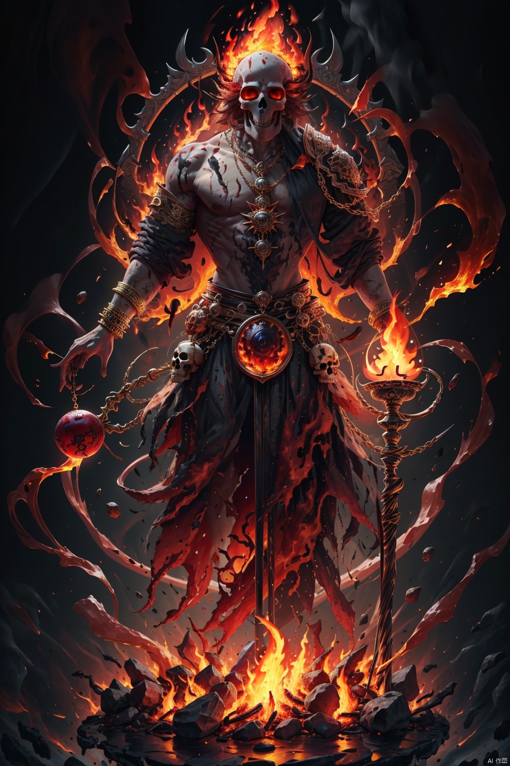  Masterpiece, high detail, 8K, high-definition,(Skull Mage), with a clear outline of his head and a skull carved with runes, burning hot flames in his eyes. The flames seeped out of the Skull Mage's mouth, and he was wearing a gorgeous robe with magical runes painted on it. The flame in the lower half of the robe was like a dancing tongue, adorned with a staff made of red gemstones and adorned with a golden gemstone bracelet pendant. The background was composed of large pieces of burning flames, presenting a sense of depth in deep red, orange, and bright yellow, The shape of flames is twisted and messy, with strong contrast, cinematic lighting effects, depth of field, sophistication, and science fiction

