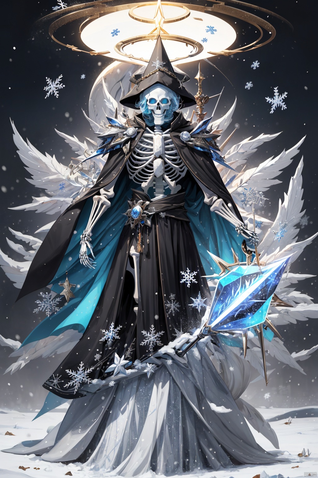  Masterpiece, high detail, 8K, high-definition, ((Skeleton Mage )), wearing a black magic robe with a silver white snowflake pattern, a black wizard hat with silver white snowflakes, sparkling ice blue crystal eyes, slightly upturned lips, surrounded by a silver white magic halo, with small snowflakes floating in the halo. The black staff is inlaid with ice blue crystals, and the staff is wrapped in a vine like light. The background is a violent blizzard, with snowflakes swirling in the air, The momentum of the blizzard and the magical aura of the skeleton mage complement each other, with movie lighting effects, depth of field, and a sense of sophistication

