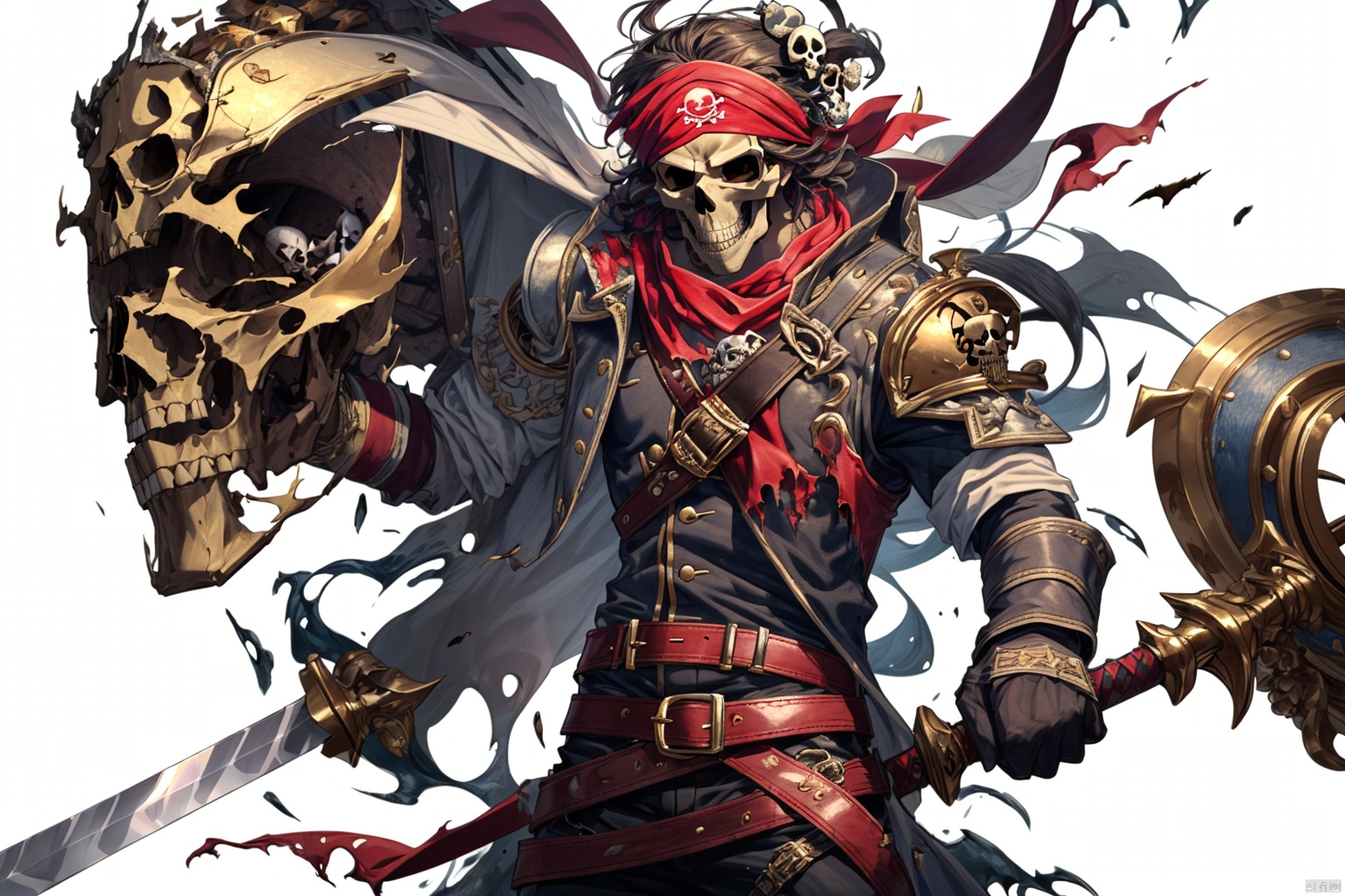  (masterpiece:1.2), best quality,8K,a pirate with a sword and a skull on his chest and a red bandanna on his head and a red bandanna on his head, 1boy, belt, male focus, simple background, solo, standing, torn clothes, weapon, white background