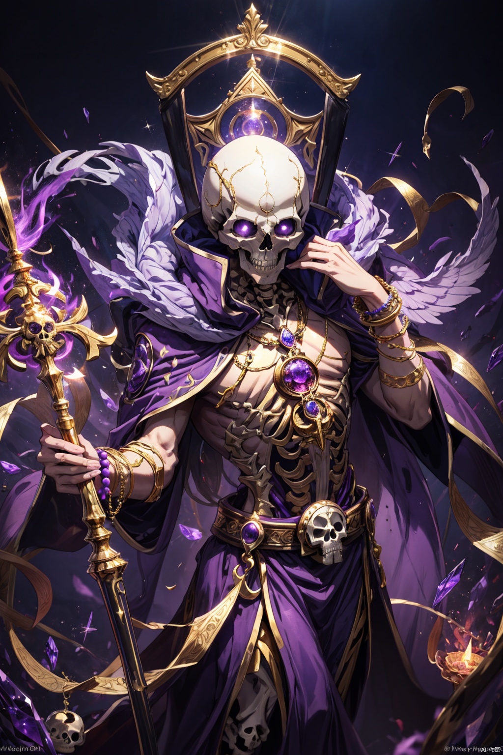  Masterpiece, high detail, 8K, high-definition, Skeleton mage, with a rugged skull outline, a towering forehead, a high nose bridge, and purple magic sparkling pupils. Two purple flames hover behind him, a black robe covered in golden purple magic runes, a magic wand inlaid with purple gemstones, adorned with metal decorations such as bracelets and pendants, cinematic lighting effects, depth of field, and blue purple tones

