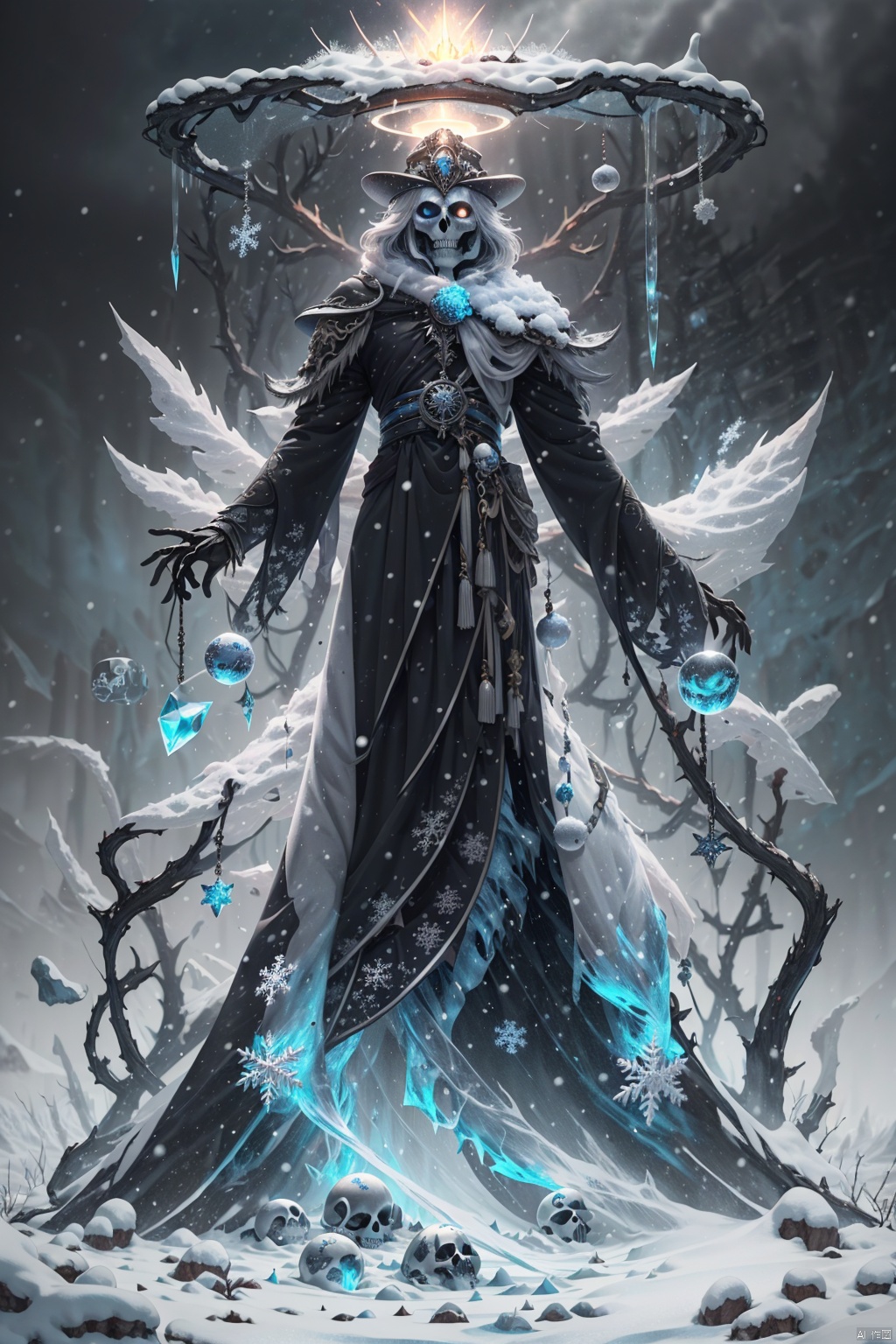  Masterpiece, high detail, 8K, high-definition,(Skull Mage), white skeleton, wearing a black magic robe with a silver white snowflake pattern, a black wizard hat with silver white snowflakes, (sparkling ice blue crystal eyeballs), slightly upturned mouth, surrounded by a silver white magic halo, with small snowflakes floating in the halo, (a black staff inlaid with ice blue crystals, wrapped in a vine like light), with a violent blizzard in the background, The snowflakes rolled up by the strong wind are dancing in the air, and the momentum of the blizzard and the magical aura of the skeleton mage complement each other. The movie lighting effect, depth of field, and sense of luxury

