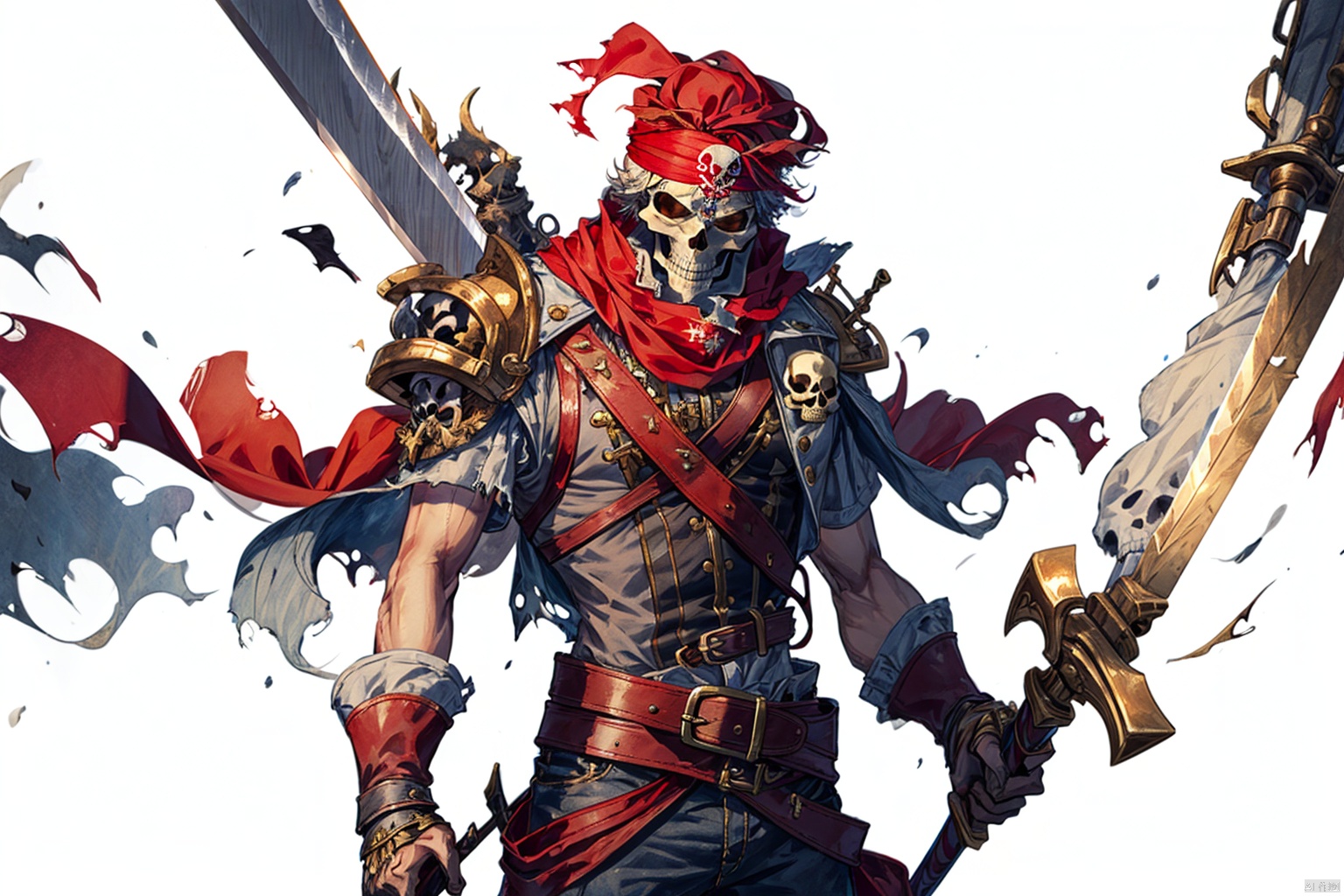  (masterpiece:1.2), best quality,8K,a pirate with a sword and a skull on his chest and a red bandanna on his head and a red bandanna on his head, 1boy, belt, male focus, simple background, solo, standing, torn clothes, weapon, white background