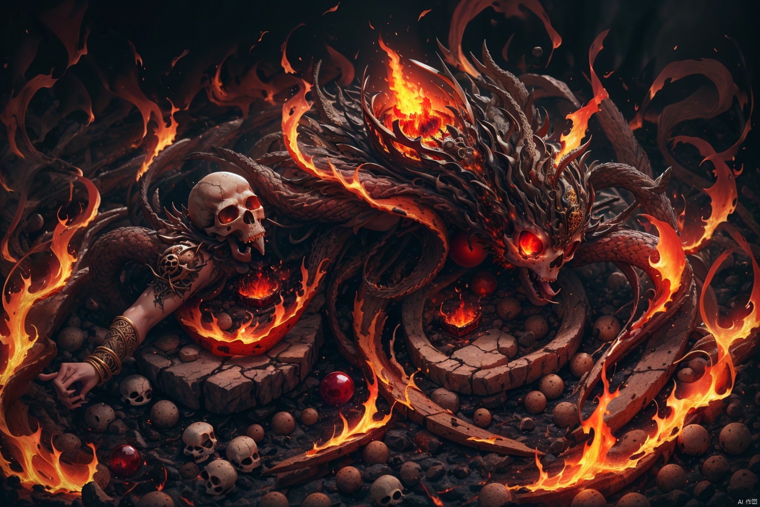  Masterpiece, high detail, 8K, high-definition,(Skull Mage), a skull carved with runes, white and red edged bones, with fiery flames burning in his eyes. The flames seeped out of the Skull Mage's mouth, and he wore a gorgeous robe with magical runes painted on it. The flame in the lower half of the robe was shaped like a dancing tongue, with a staff inlaid with red gemstones and adorned with a golden gemstone bracelet pendant. The background was composed of large pieces of burning flames, presenting a sense of deep red, orange, and bright yellow layering, The shape of flames is twisted and messy, with strong contrast, cinematic lighting effects, depth of field, sophistication, and science fiction

