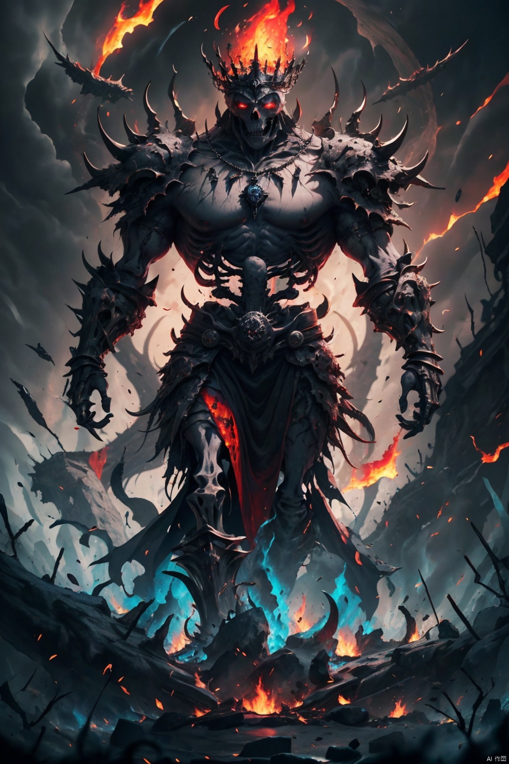  Masterpiece, high detail, 8K, high-definition, Skeleton King, muscular lines, prominent skeletal structure, black armor composed of bones and metal, raised spikes and notches, huge battle axe decorated with bones and metal, burning red eyes, adorned with pendants and necklaces, crown set with precious gemstones, surrounded by special effects of burning flames and dark energy, cinematic lighting, depth of field, overall in red and black tones, with eye-catching yellow accents

