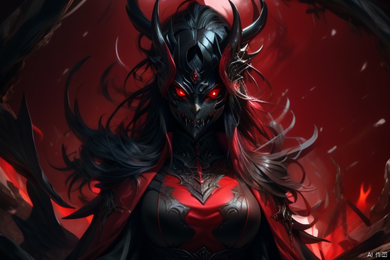  Masterpiece, high detail, 8K, high-definition, A woman wearing a black dress stands in front of a red demon background, with red eyes and black cloak, glowing, glowing eyes, red eyes. A woman wearing a red dress stands in front of a demon like background, with red eyes and demon like head, glowing, glowing eyes, mask, red eyes,

