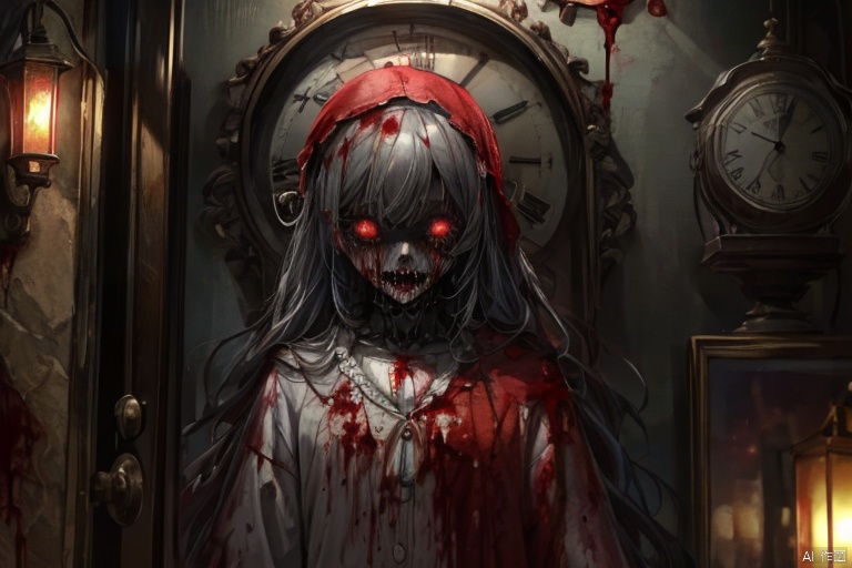  Masterpiece, high detail, 8K, high-definition, A girl, blood, blood on clothes, clock, long hair, solo, a creepy doll,Movie grade lighting effects, terrifying atmosphere, depth of field


