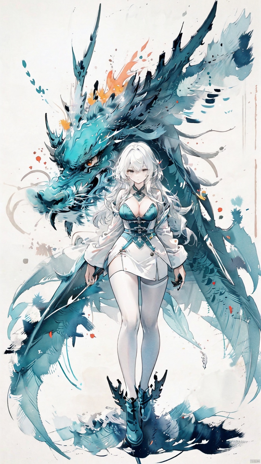  1girl,full body,standing,vivid,colorful,big breasts, dragon, backlight