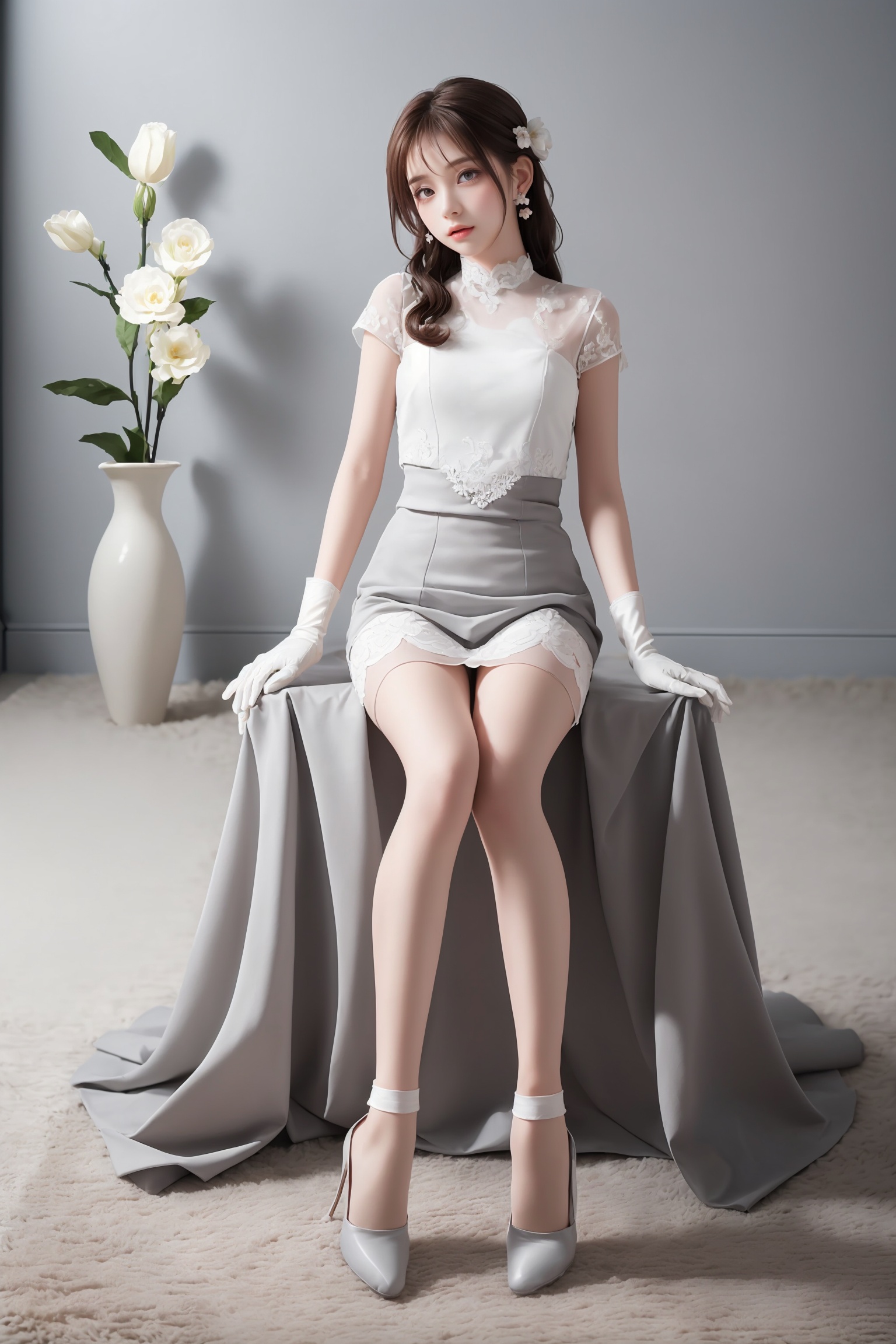 1girl,((white gloves)),solo,sitting,wavy hair,long hair,brown hair,muted color,indoor photography,earrings,(light gray background),white flower,(gray carpet),(full body),(((masterpiece))),(((best quality))),highly detailed,shokei shoujo no virgin road.,((poakl flower style)),