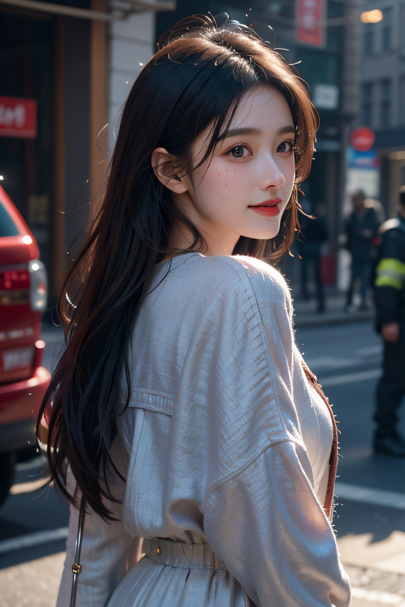 photorealistic of a cute girl in red\(smile, messy long silver hair\), detailed skin and face, shadow, cinematic, shot from side, look back, street, surrealistic, sense of reality, very realistic, very realistic, intense contrast of light and shadow, Leica M50, f/1.8, light master