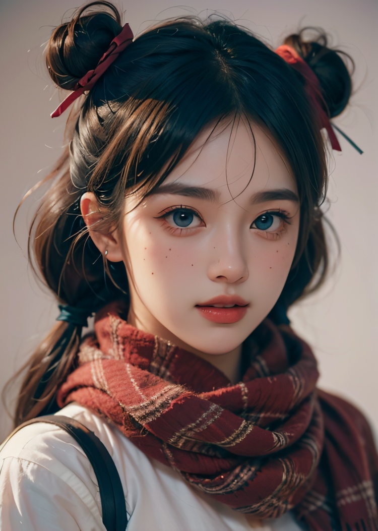 1girl, blue eyes, black hair, realistic, scarf, looking at viewer, twintails, solo, lips, long hair, portrait, nose, closed mouth, red-framed eyewear, solo focus, finger to mouth, simple background, traditional media, pov, purple scarf, eyelashes, close-up, mole, blue background, bangs, signature, upper body, adjusting eyewear, goggles, parted lips, out of frame, red lips, hair between eyes, pov hands, open mouth, blush, makeup, brown hair, grey background, eye focus, lipstick, smile, expressionless, eyewear on head, parted bangs, semi-rimless eyewear, mole under mouth, poking, blurry, freckles, red scarf, looking over eyewear, breasts, blue hair, reflection, two side up, mole under eye, short hair, round eyewear, biting, short twintails, ribbon, painterly, pointing, hand up, realistic details, surrealistic, sense of reality, very realistic, very realistic, intense contrast of light and shadow