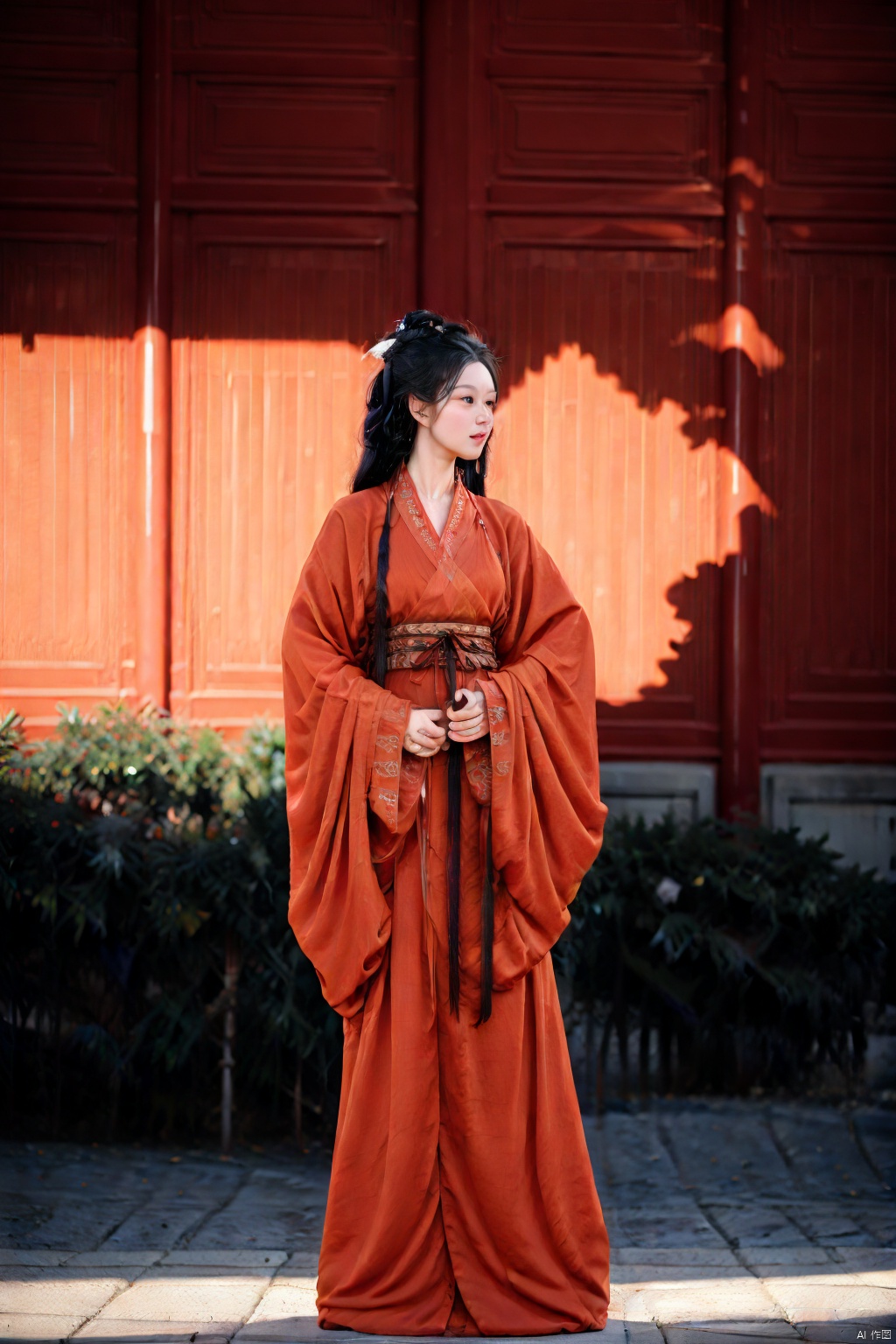 (1girl:1.3), (best quality, masterpiece, ultra high resolution),(photorealistic:1.3), (realistic:1.3), depth of field,(full body:1.2), (day:1.2), (cinematic lighting:1.2),hanfu