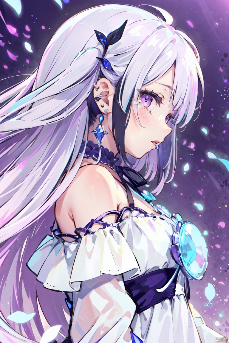 1girl, solo, long hair, breasts, looking at viewer, bangs, hair ornament, dress, ribbon, bare shoulders, jewelry, very long hair, purple eyes, upper body, white hair, earrings, tears, pink eyes, off shoulder, white dress, from side, looking to the side, black ribbon, piercing, crying, gem, ear piercing, bubble, crying with eyes open, off-shoulder dress, Fangren