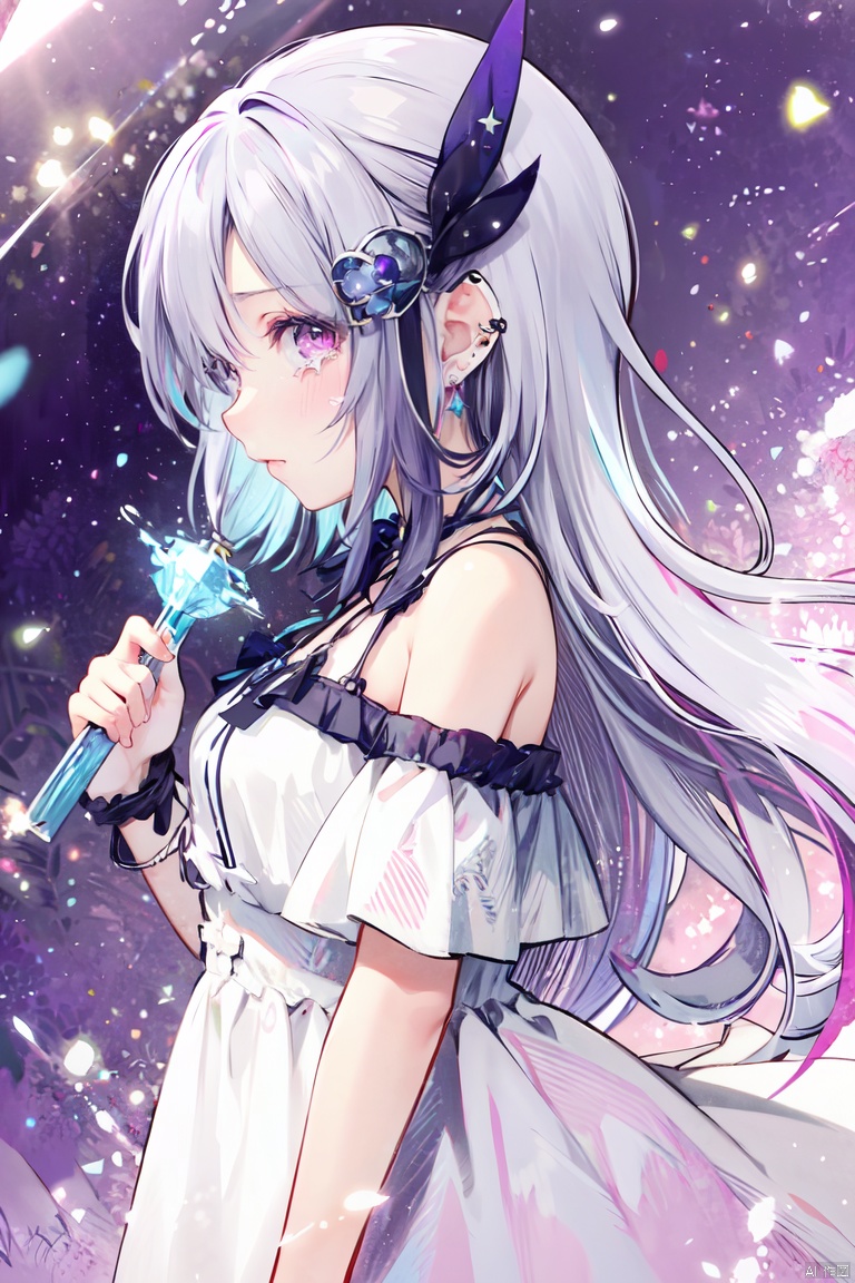 1girl, solo, long hair, breasts, looking at viewer, bangs, hair ornament, dress, ribbon, bare shoulders, jewelry, very long hair, purple eyes, upper body, white hair, earrings, tears, pink eyes, off shoulder, white dress, from side, looking to the side, black ribbon, piercing, crying, gem, ear piercing, bubble, crying with eyes open, off-shoulder dress, Fangren