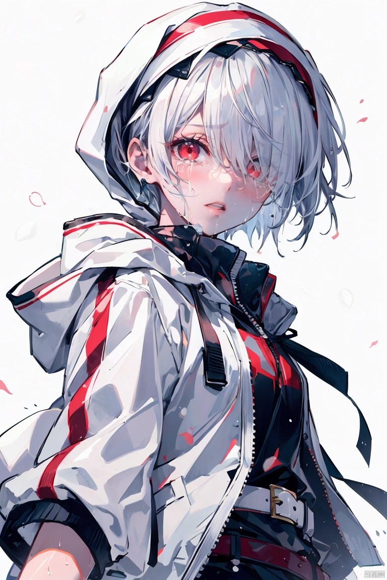 1girl, solo, short hair, bangs, simple background, red eyes, white background, jacket, upper body, white hair, hairband, parted lips, belt, tears, hood, hair over one eye, wet, glowing, white jacket, hood down, crying, hooded jacket, crying with eyes open,Fangren