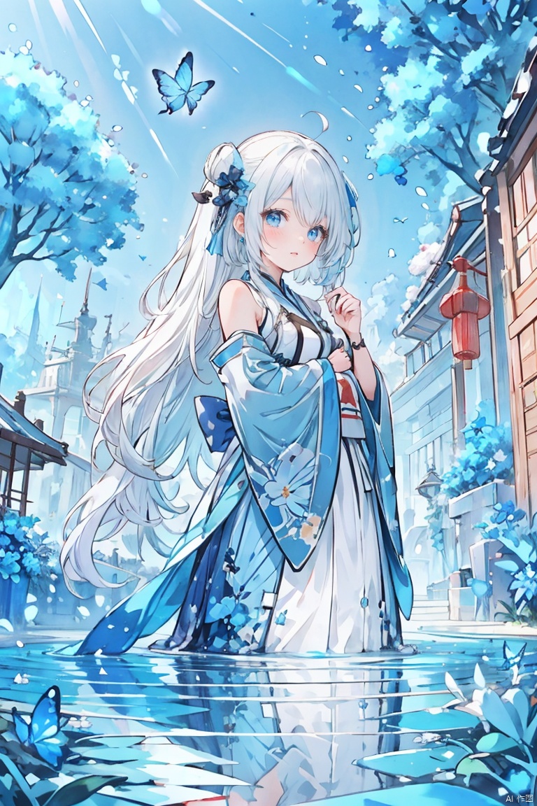 blue ru_qun,best_quality,head,original_outfit,hanfu,clear details,masterpiece, best_quality, clear details,1girl,garden background,, butterfly on finger,blue eyes,white hair,long hair,big eyes ,yuzu,liquid clothes,girl,Anime,azur lane, Chinese style, best quality, Apricot eye, Fangren